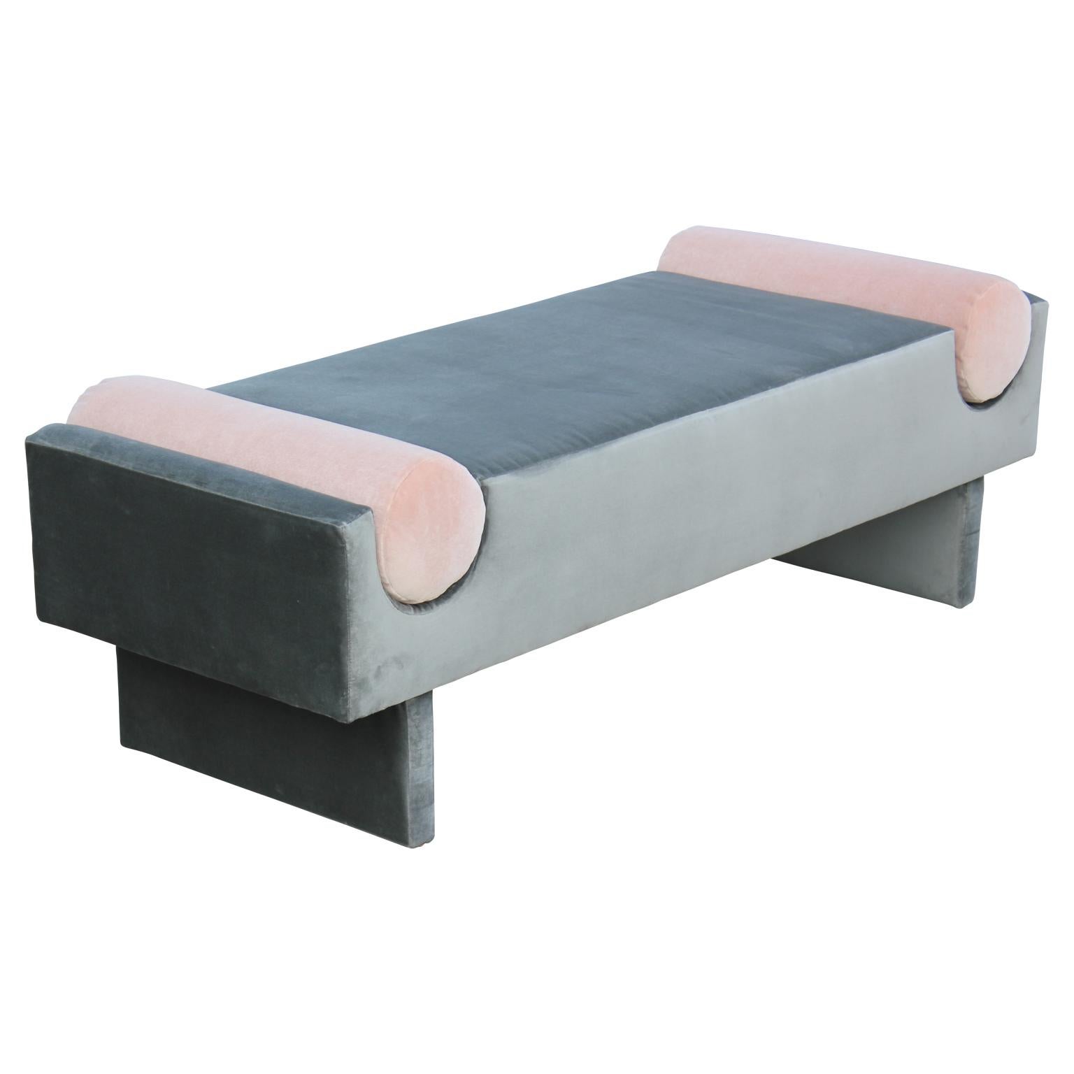 American Modern Custom Bench in Light Grey Velvet with Light Pink Velvet Bolster Accents