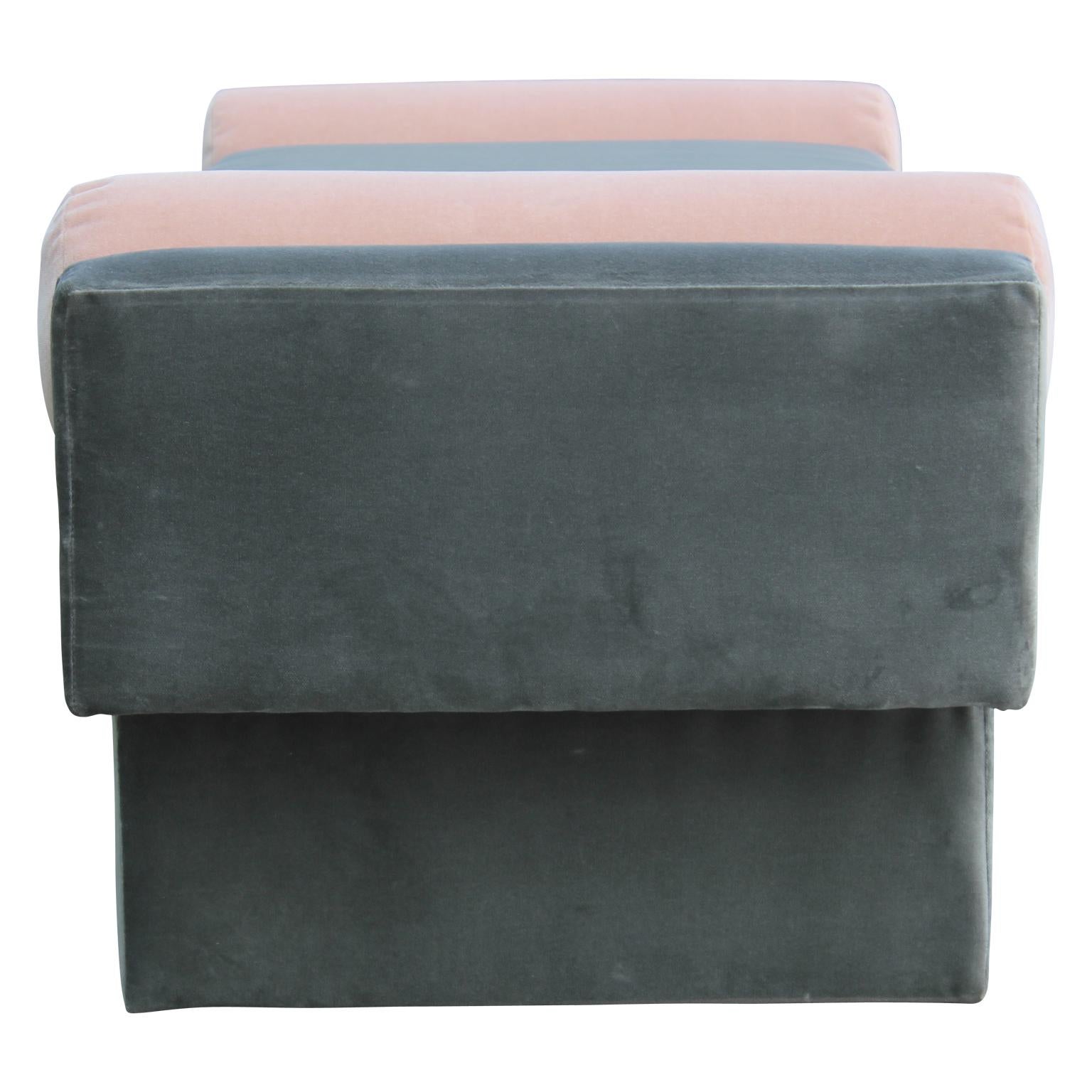 Modern Custom Bench in Light Grey Velvet with Light Pink Velvet Bolster Accents In Excellent Condition In Houston, TX