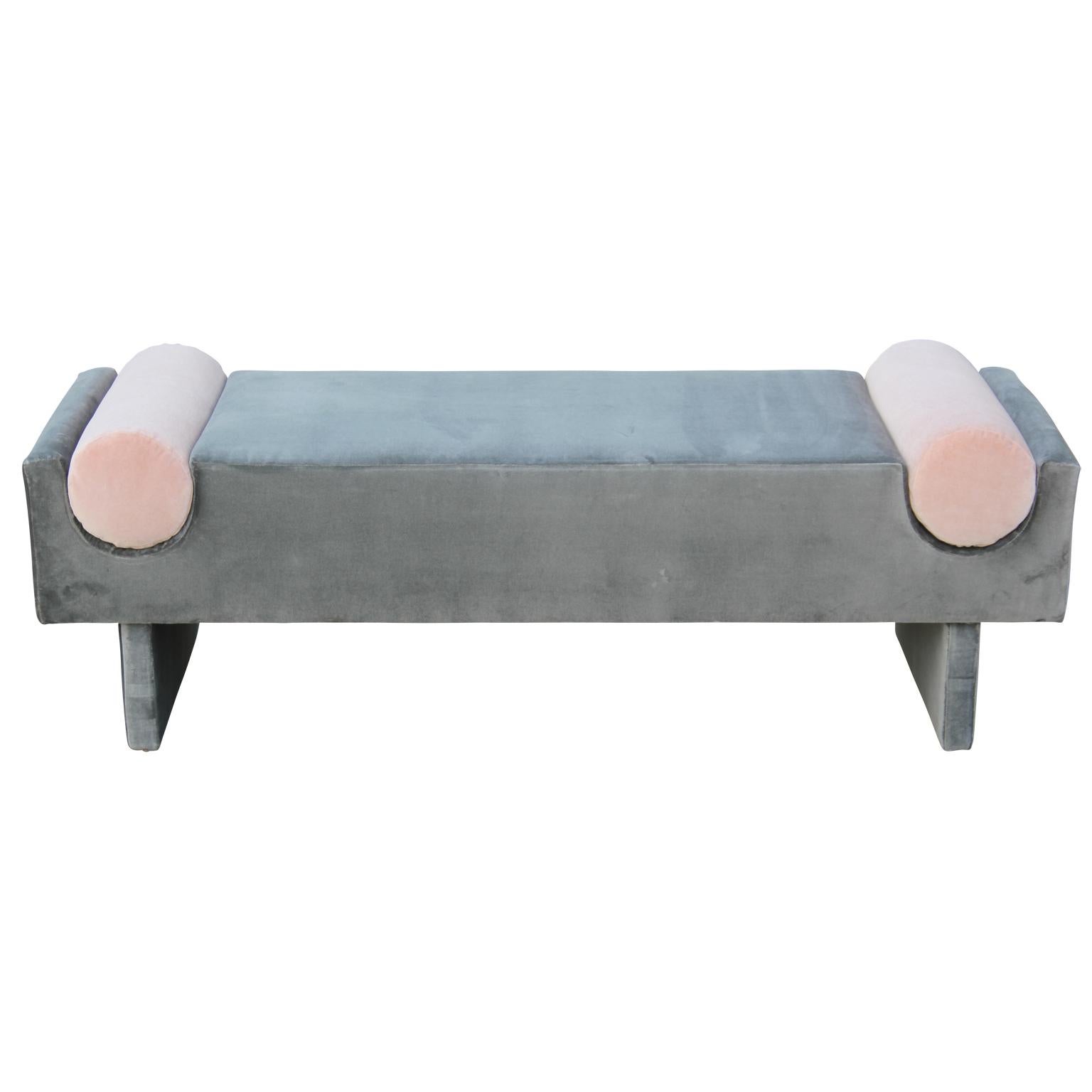 Modern Custom Bench in Light Grey Velvet with Light Pink Velvet Bolster Accents