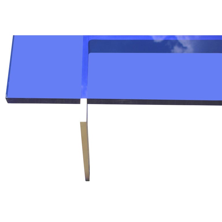 Modern Custom Blue Lucite or Acrylic and Solid Brass Square Coffee