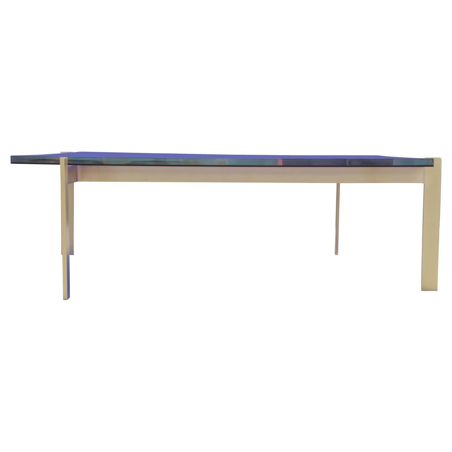 American Modern Custom Blue Lucite or Acrylic and Solid Brass Square Coffee Table