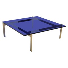Modern Custom Blue Lucite or Acrylic and Solid Brass Square Coffee Table