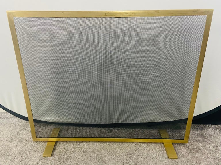 Modern Custom Brass Fire Place Screen or Panel with Iron Mesh Grill In Good Condition For Sale In Plainview, NY