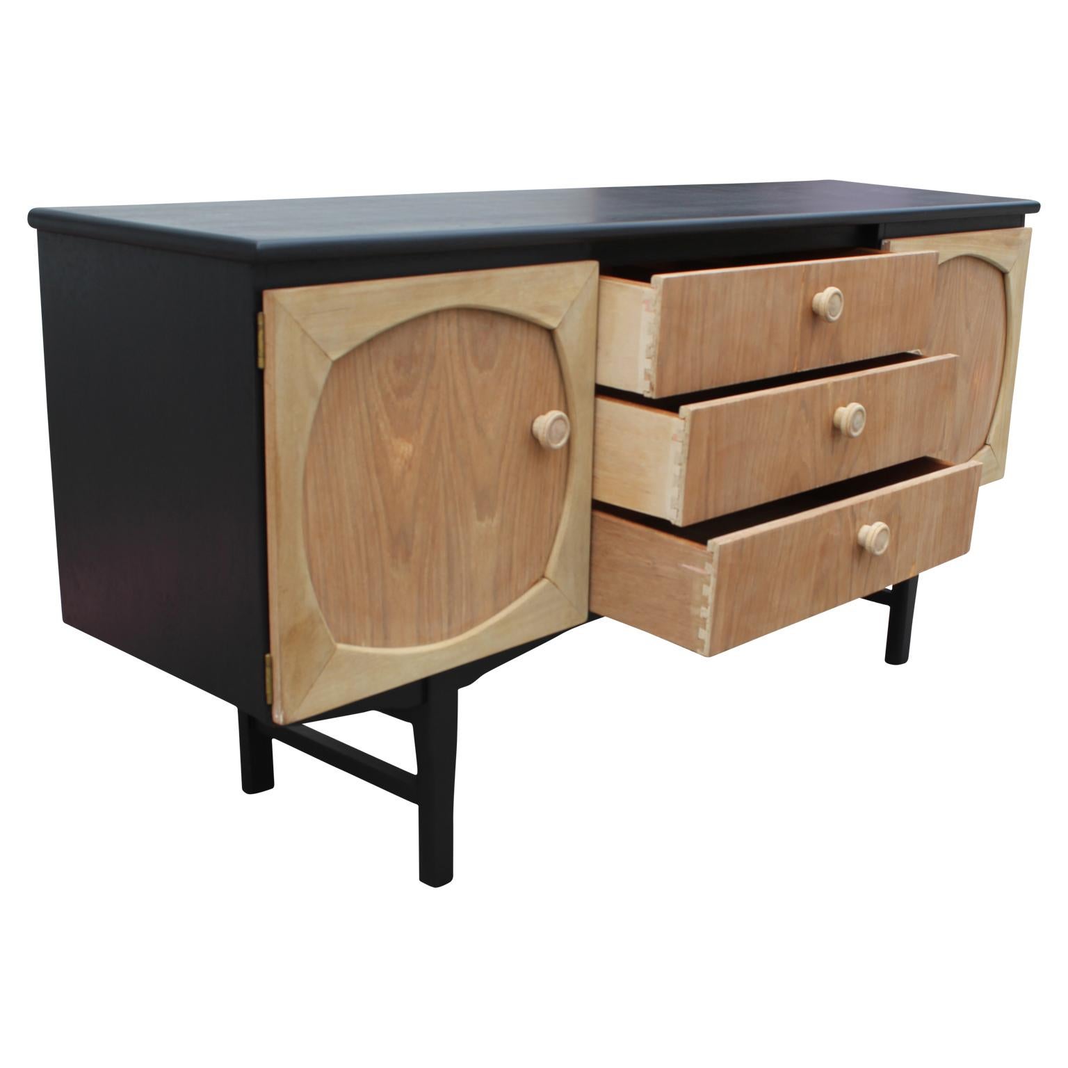 English Modern Custom Danish Style Two-Toned Natural Wood Black Finish Sideboard