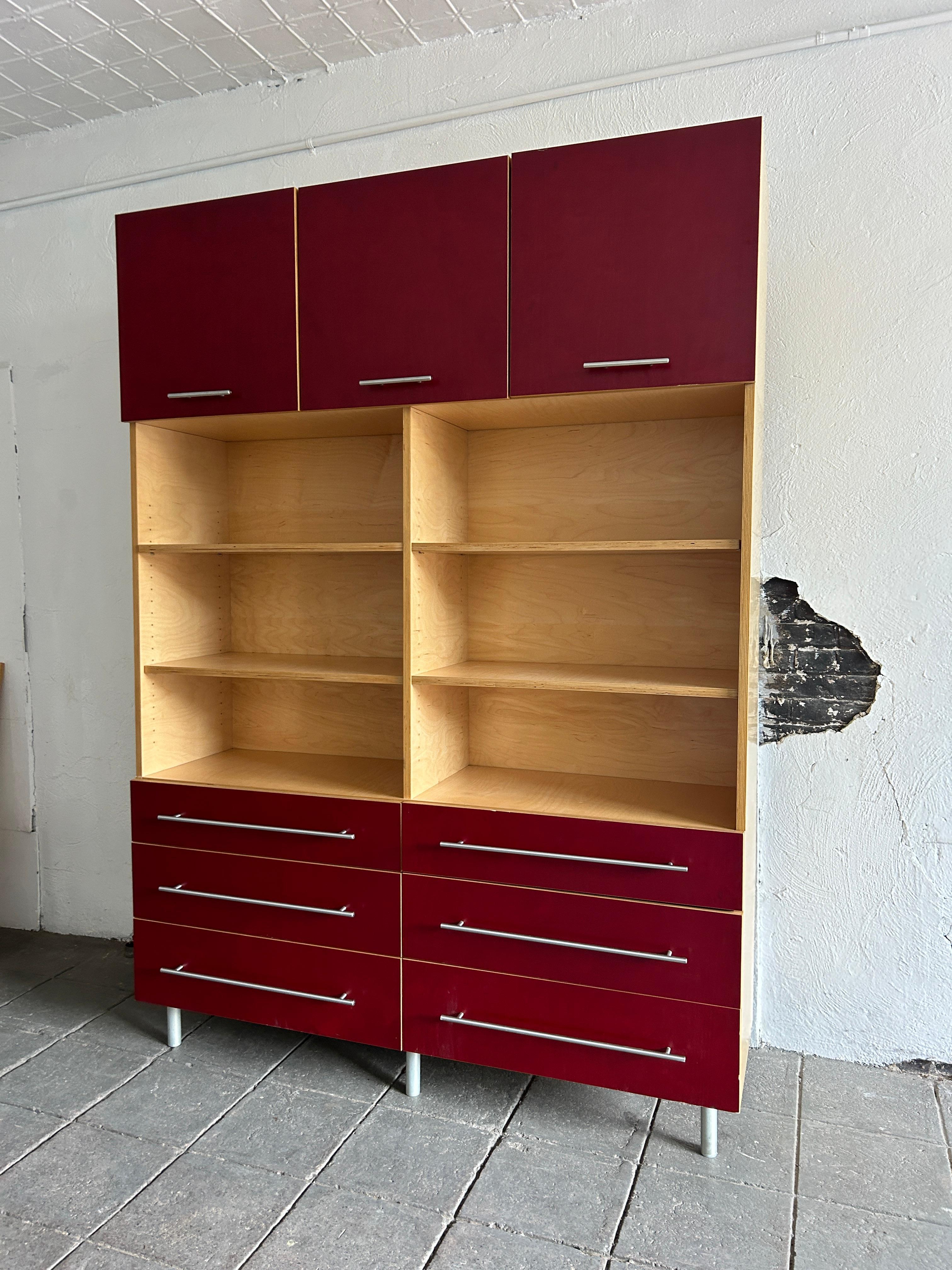 Modern custom high end plywood wall unit dresser credenza upper cabinets shelves. The entire unit is custom made with Multilayer Birch plywood and the lower 6 drawers and the 3 cabinets have a dark red facade that is multilayer plywood. The whole