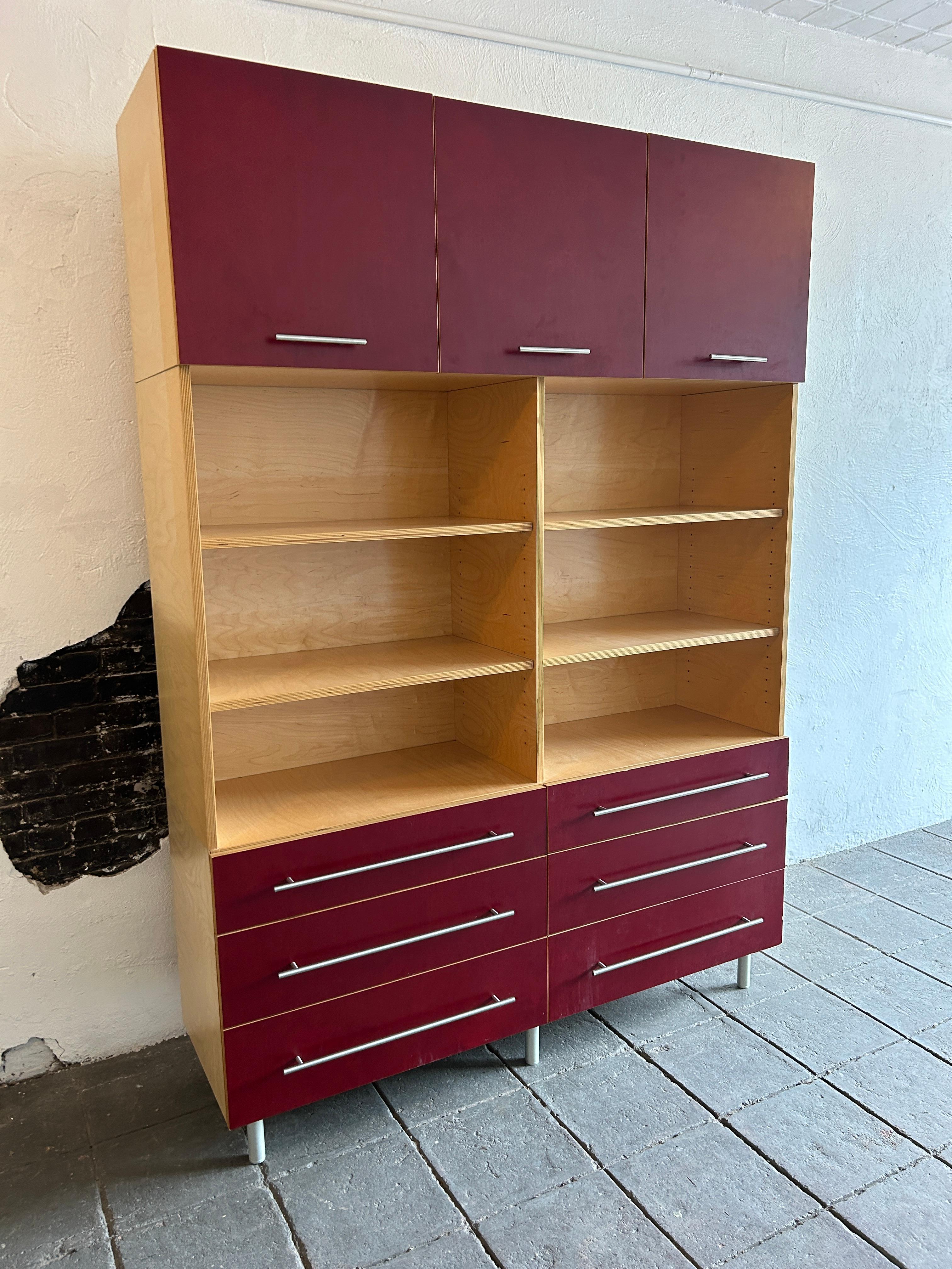 American Modern custom high end plywood wall unit dresser credenza upper cabinets shelves For Sale
