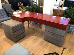 Bureau en L moderne en cuir et chêne cérusé sur mesure