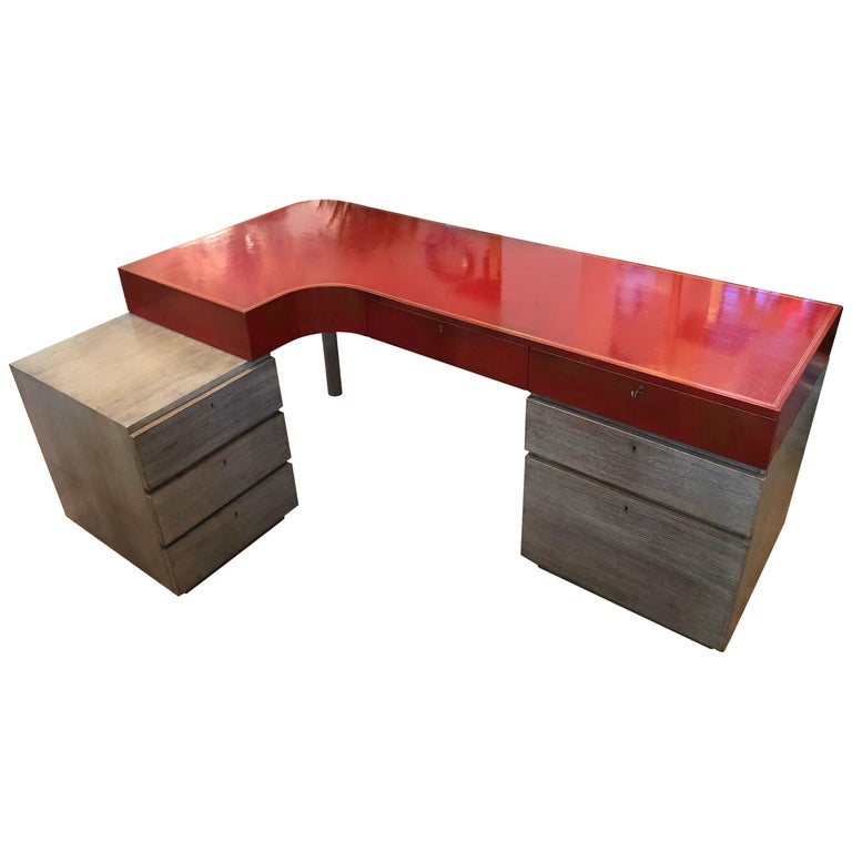 Modern Custom Leather And Cerused Oak L Shaped Desk For Sale At