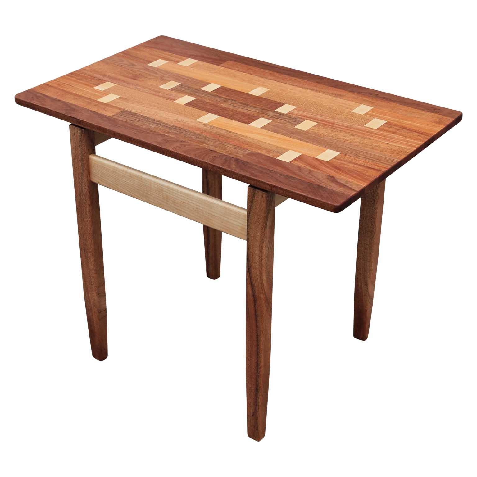 Custom studio made Norm Stoeker African mahogany and maple wood inlaid rectangular side table.
Norm Stoeker is a Houston, Texas furniture maker who works with oak, walnut, and poplar. This lovely table is custom made and one of a kind. Beautiful