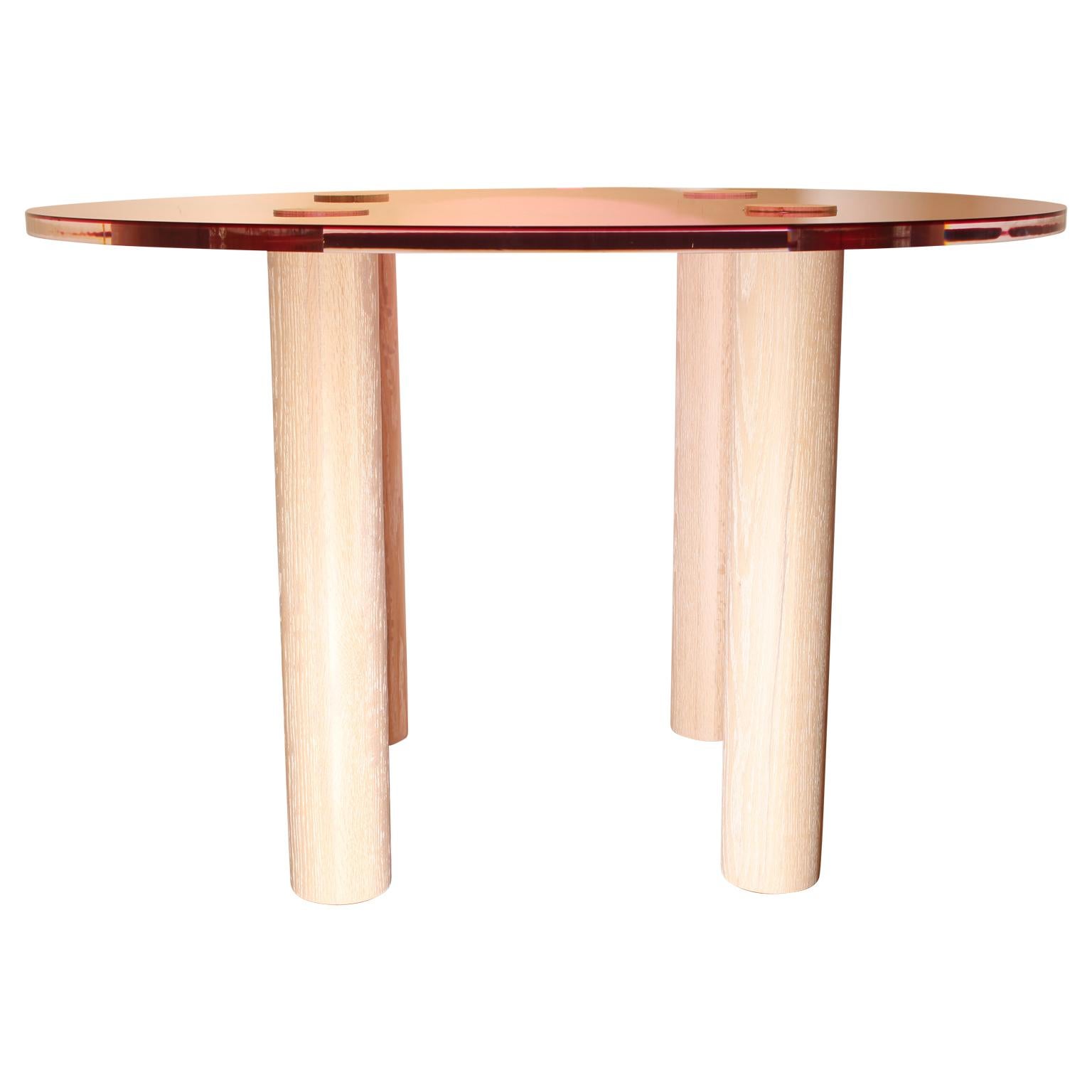 American Modern Custom Pop Pink Lucite Dinning Table with Custom Oak Legs