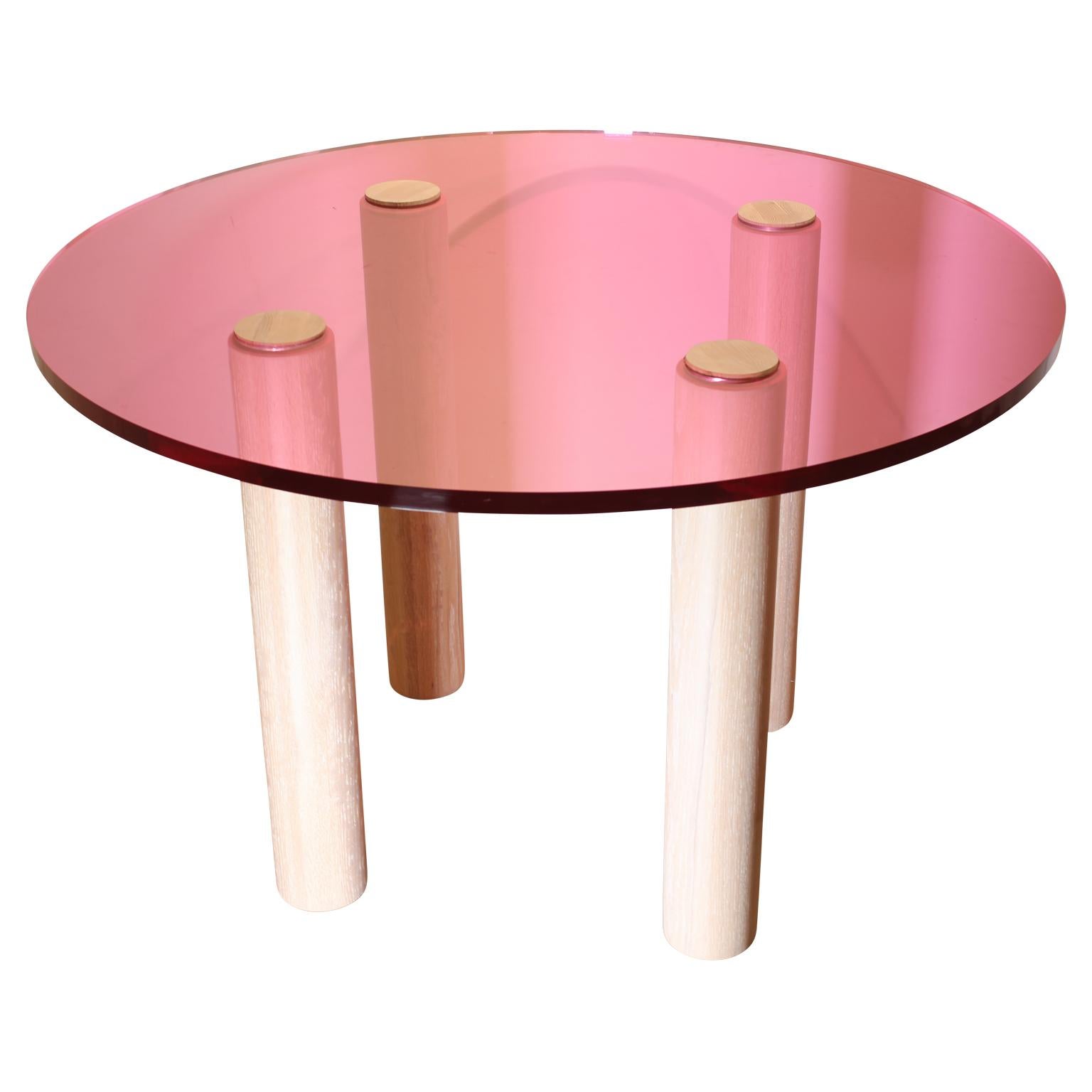Cerused Modern Custom Pop Pink Lucite Dinning Table with Custom Oak Legs