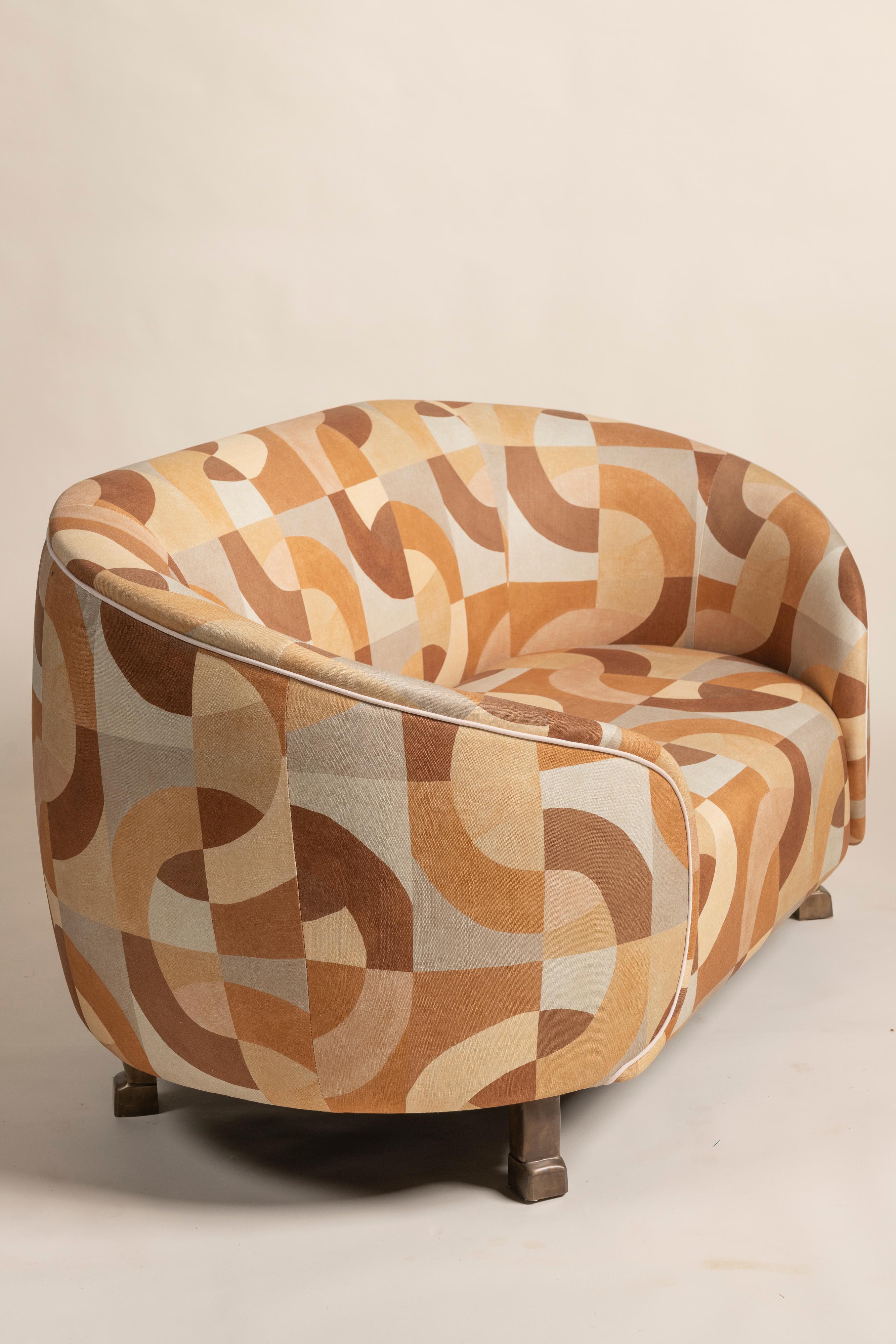 Contemporary Modern Custom Settee in Linen, Poplar and Cast Bronze, USA 2020 For Sale