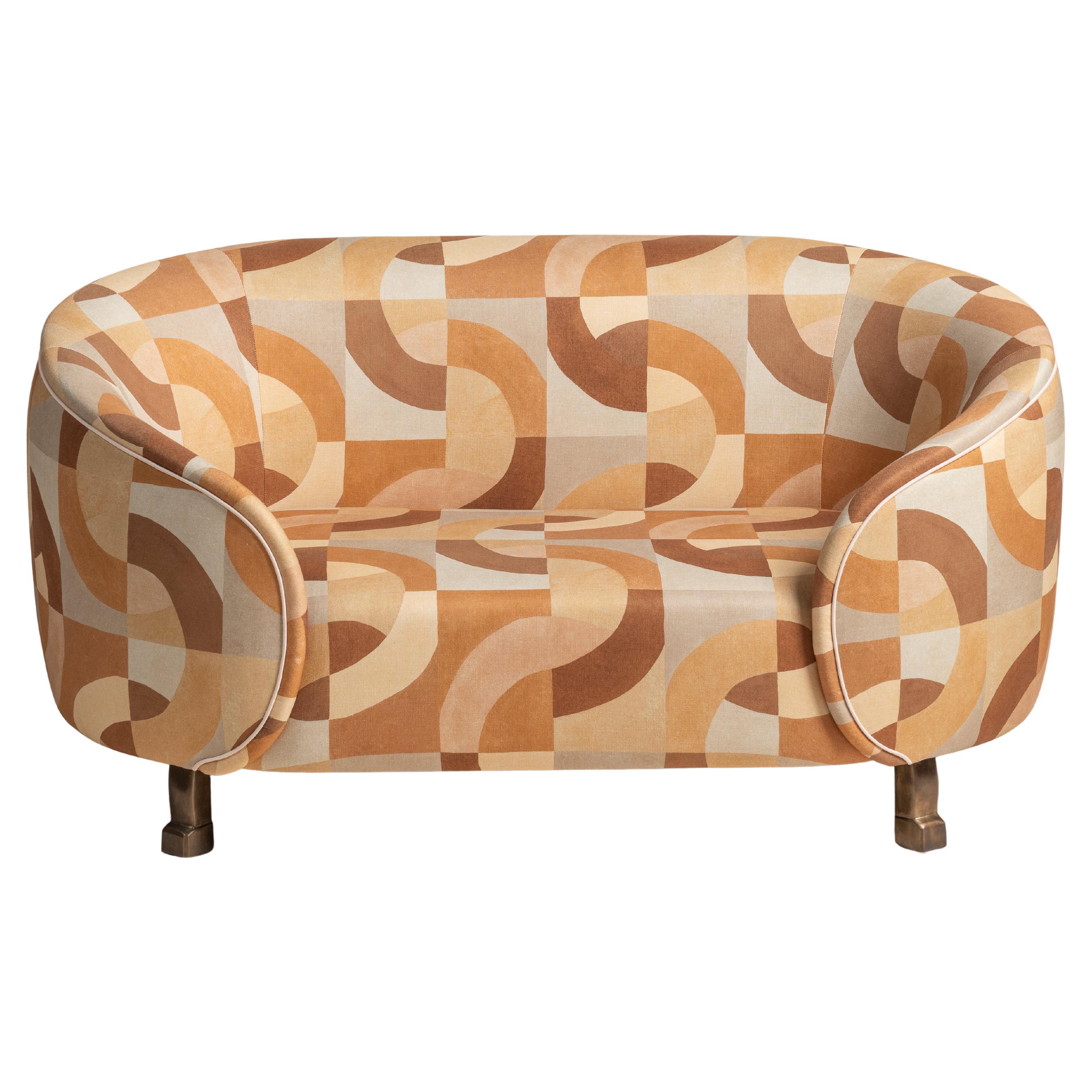Modern Custom Settee in Linen, Poplar and Cast Bronze, USA 2020 For Sale