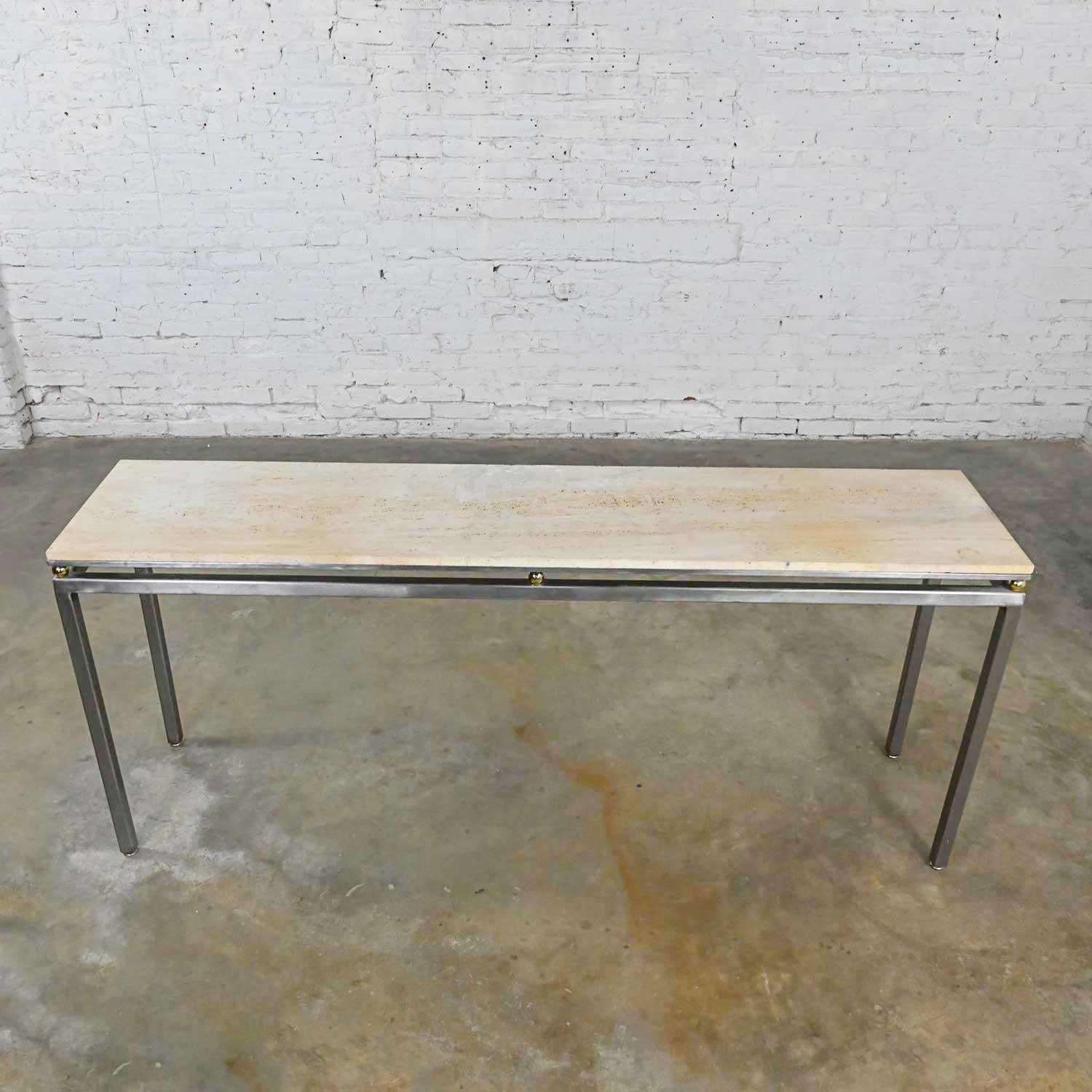 Modern Custom Tube Steel Console Sofa Table Travertine Top & Brass Plate Sphere 4