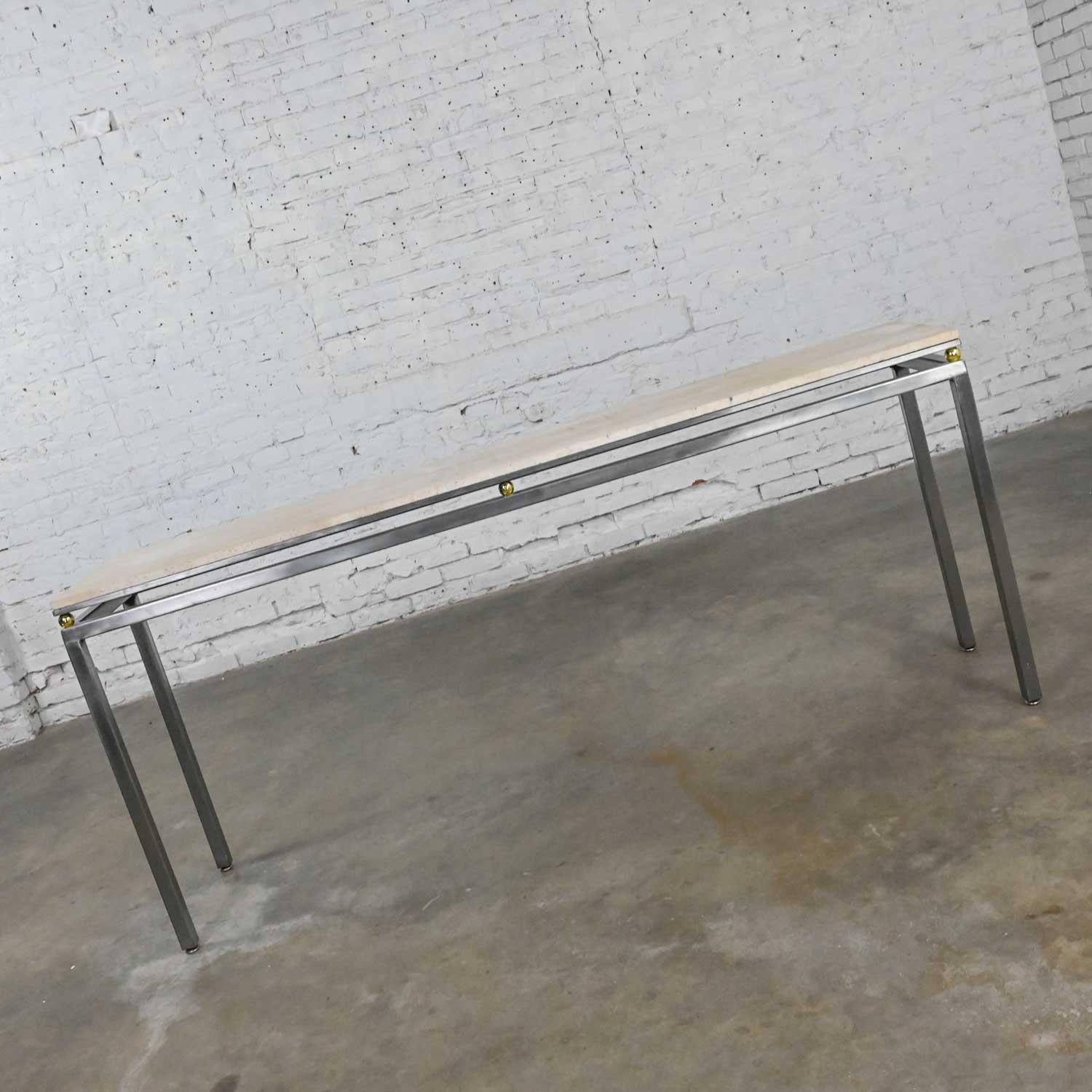 Modern Custom Tube Steel Console Sofa Table Travertine Top & Brass Plate Sphere 8