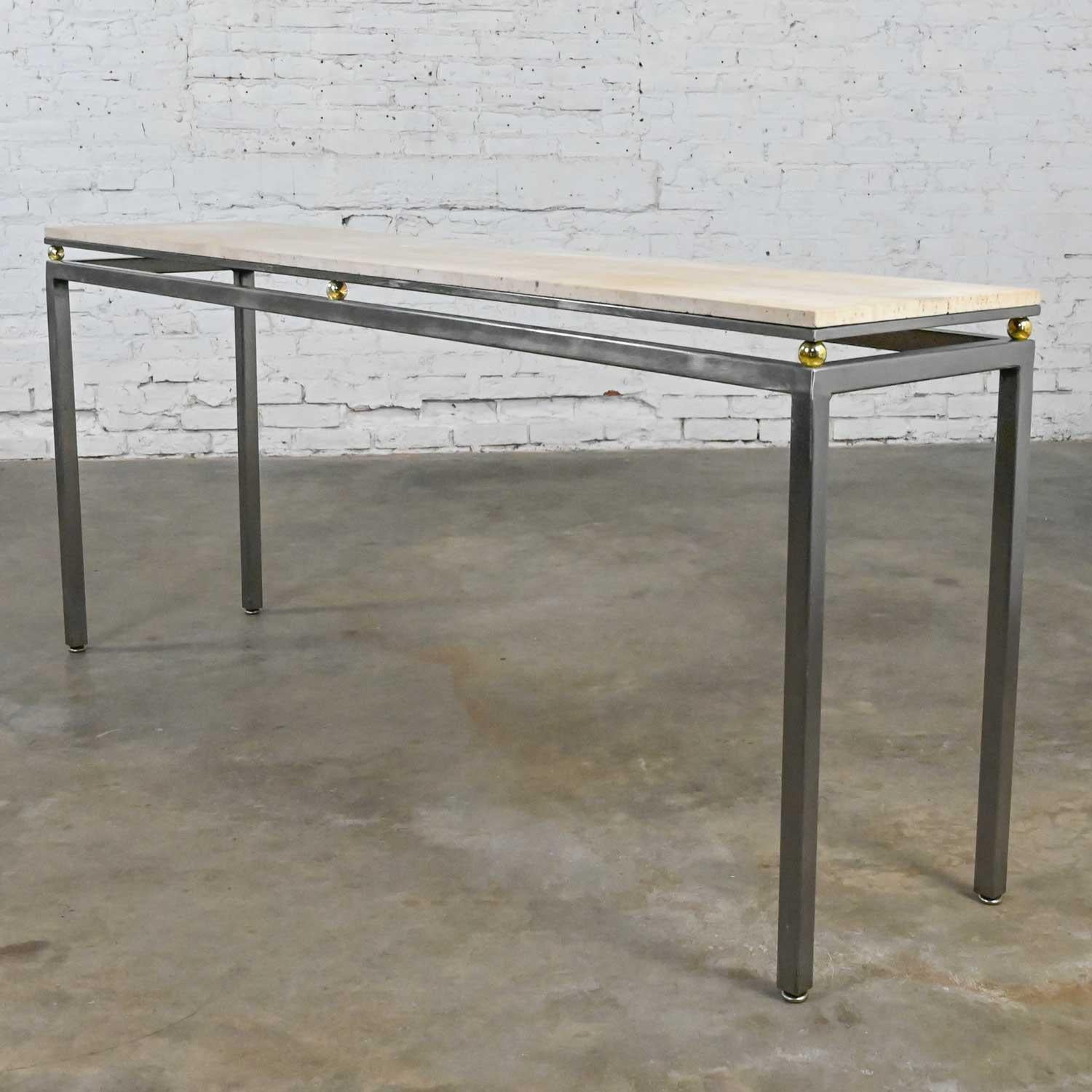 Modern Custom Tube Steel Console Sofa Table Travertine Top & Brass Plate Sphere 2