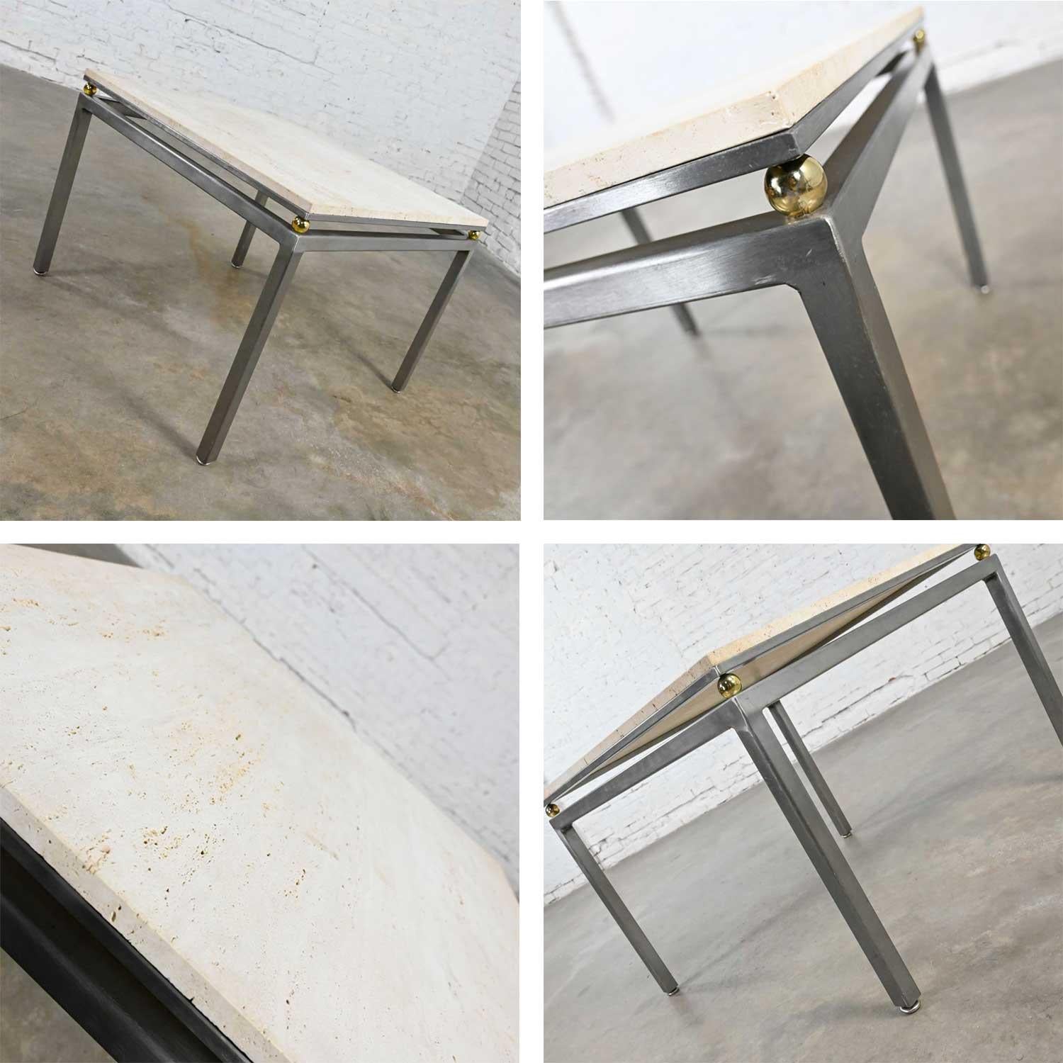 Modern Custom Tube Steel End Table Travertine Top & Brass Plate Sphere Details For Sale 6
