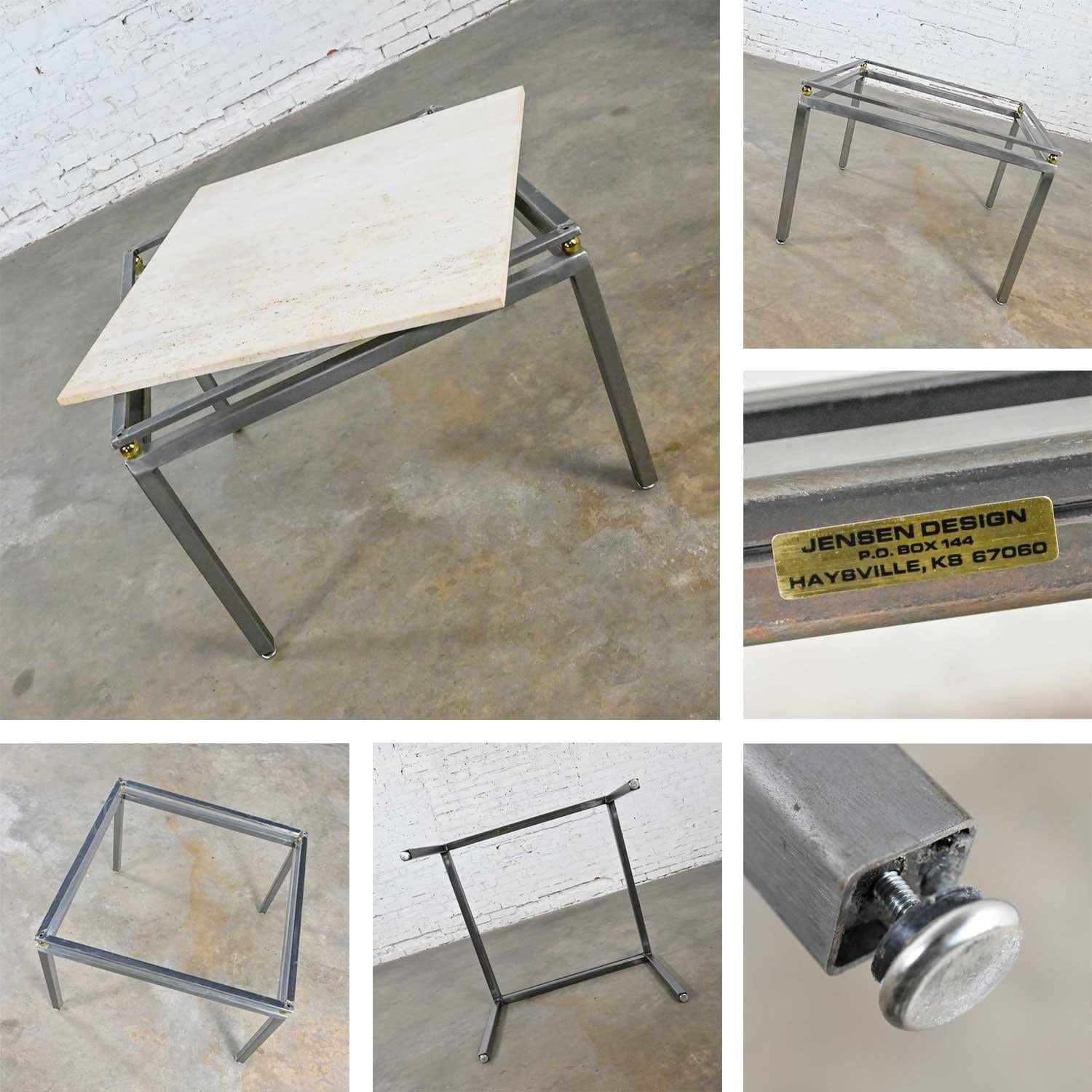 Modern Custom Tube Steel End Table Travertine Top & Brass Plate Sphere Details For Sale 7