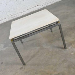 Modern Custom Tube Steel End Table Travertine Top & Brass Plate Sphere Details