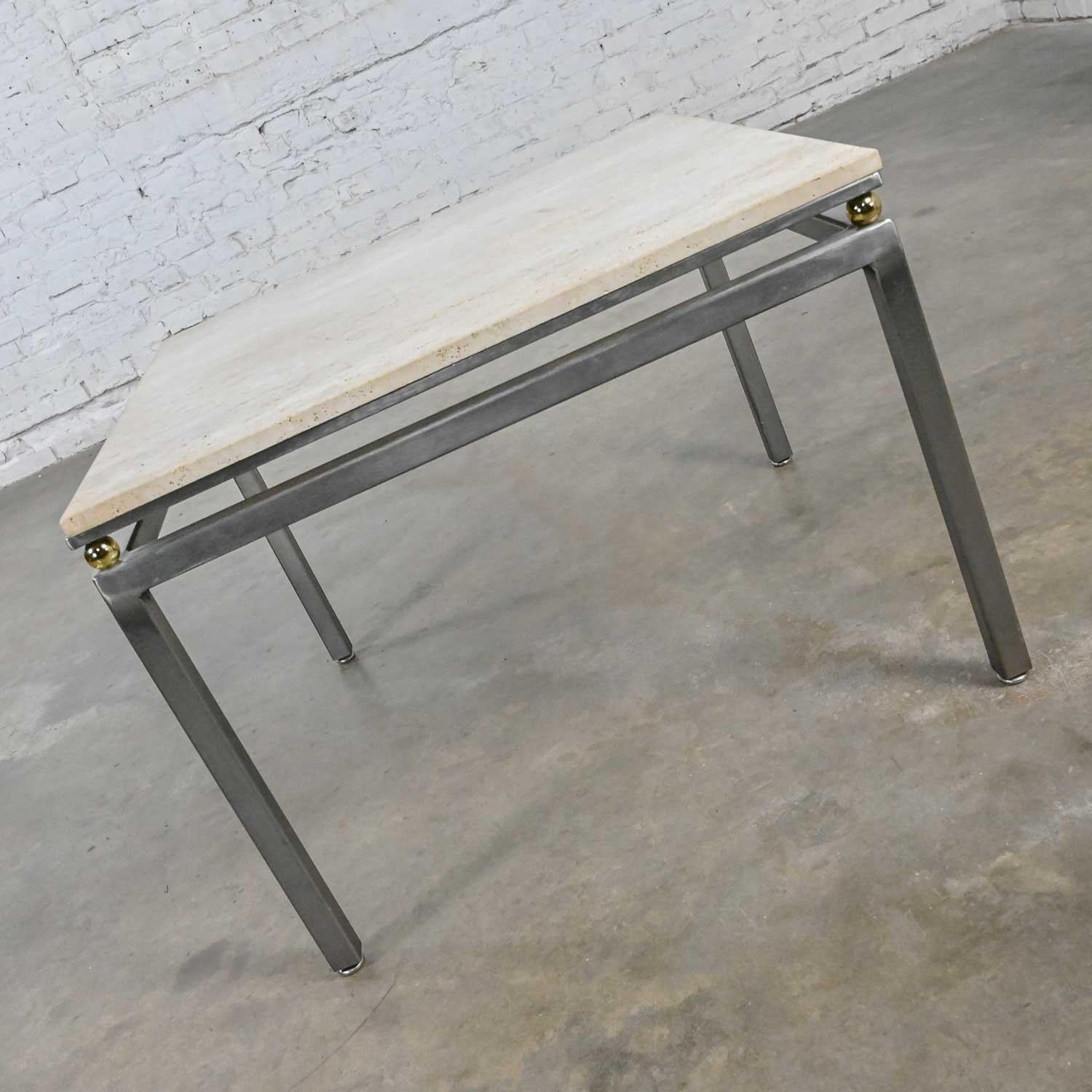 Modern Custom Tube Steel End Table Travertine Top & Brass Plate Sphere Details For Sale 2