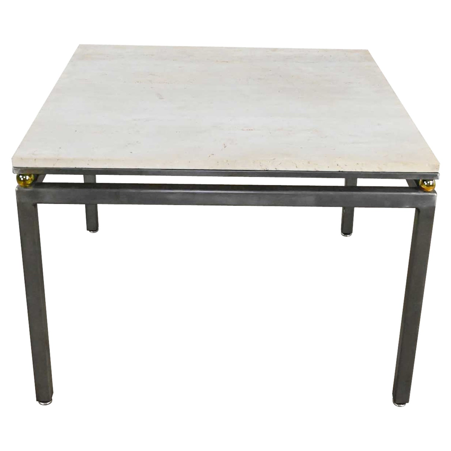Modern Custom Tube Steel End Table Travertine Top & Brass Plate Sphere Details