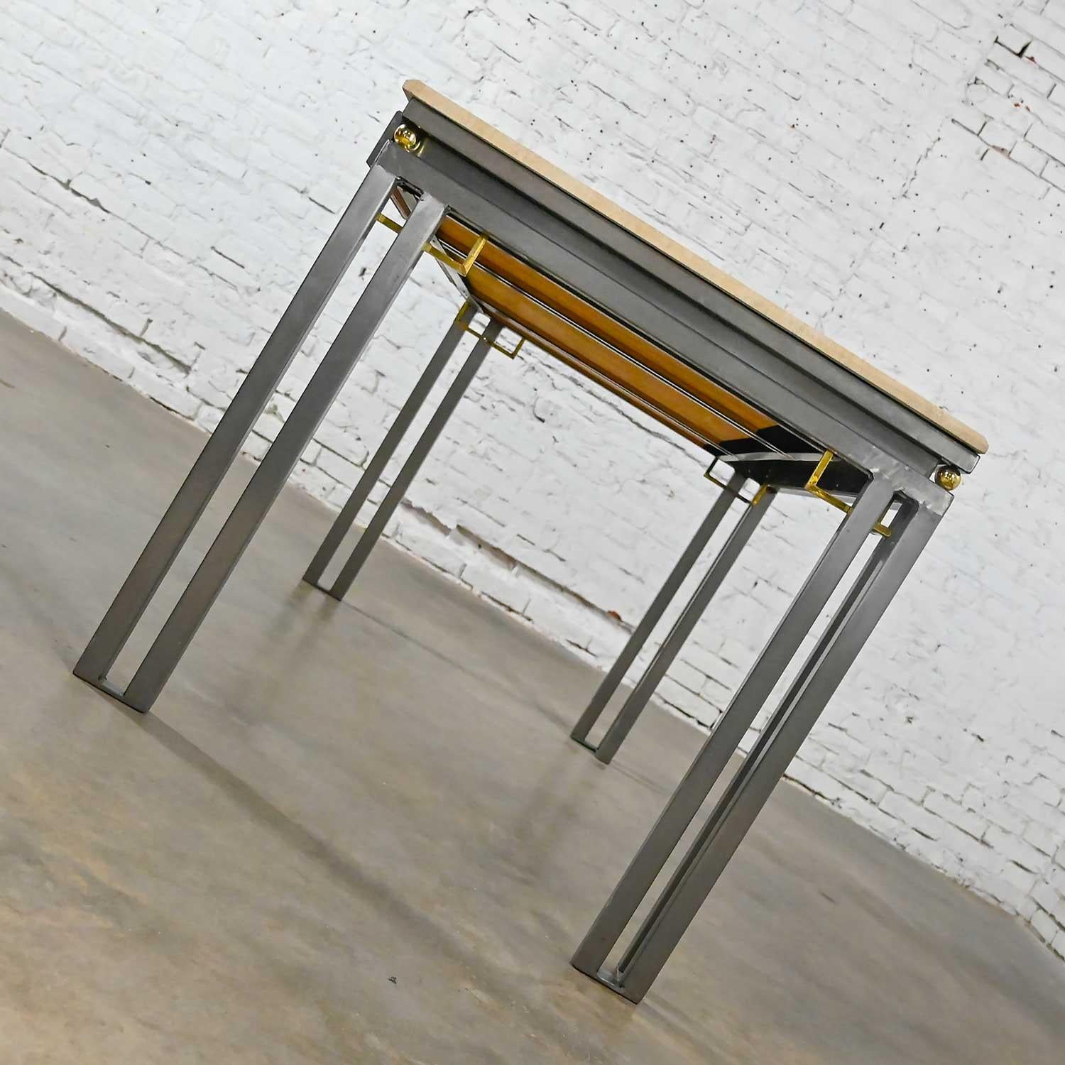 Plated Modern Custom Tube Steel Writing Desk with Travertine Top & Brass Details 