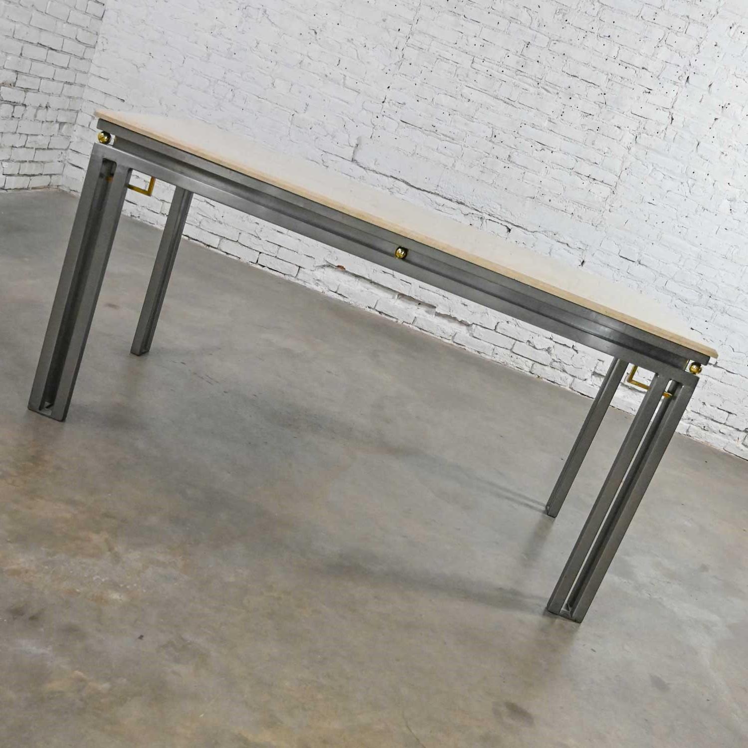 Modern Custom Tube Steel Writing Desk with Travertine Top & Brass Details  In Good Condition In Topeka, KS