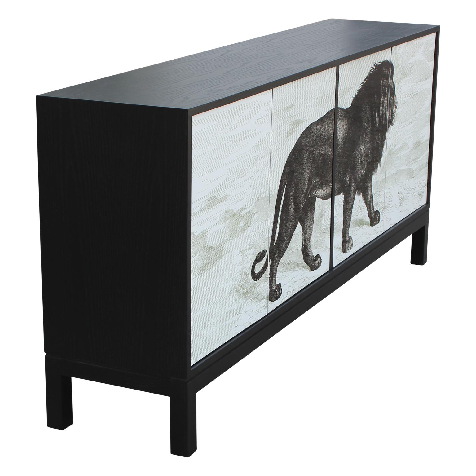 Stylish custom made credenza or sideboard. It has sublimated lion print that is divided between the panels and is in a classic black color.

Other custom designs can be made including but not limited to:
-Custom sublimated design