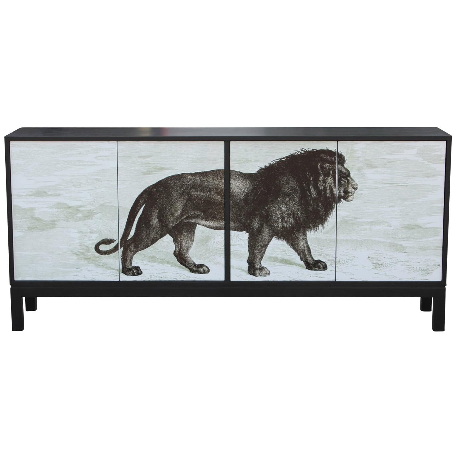 Modern Custom Credenza or Sideboard in Black with Sublimated Lion
