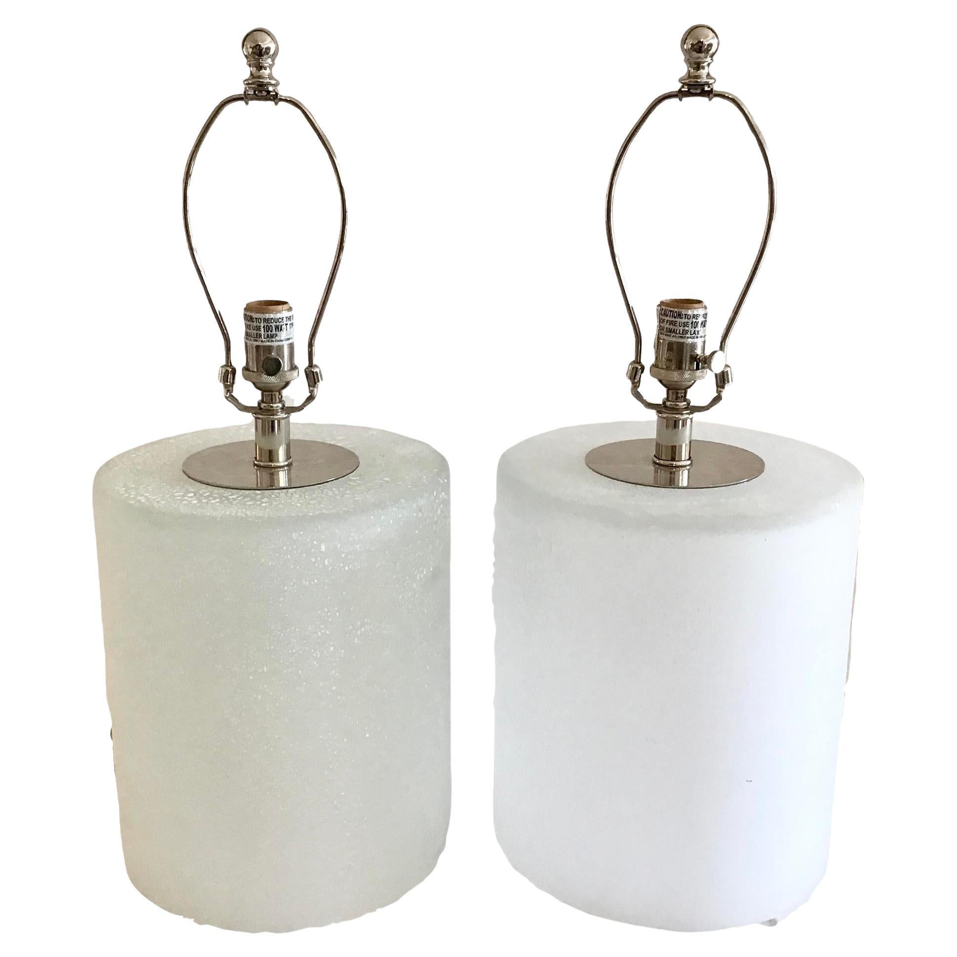 Modern Cylinder Frosted Art Glass Table Lamps, a Pair For Sale