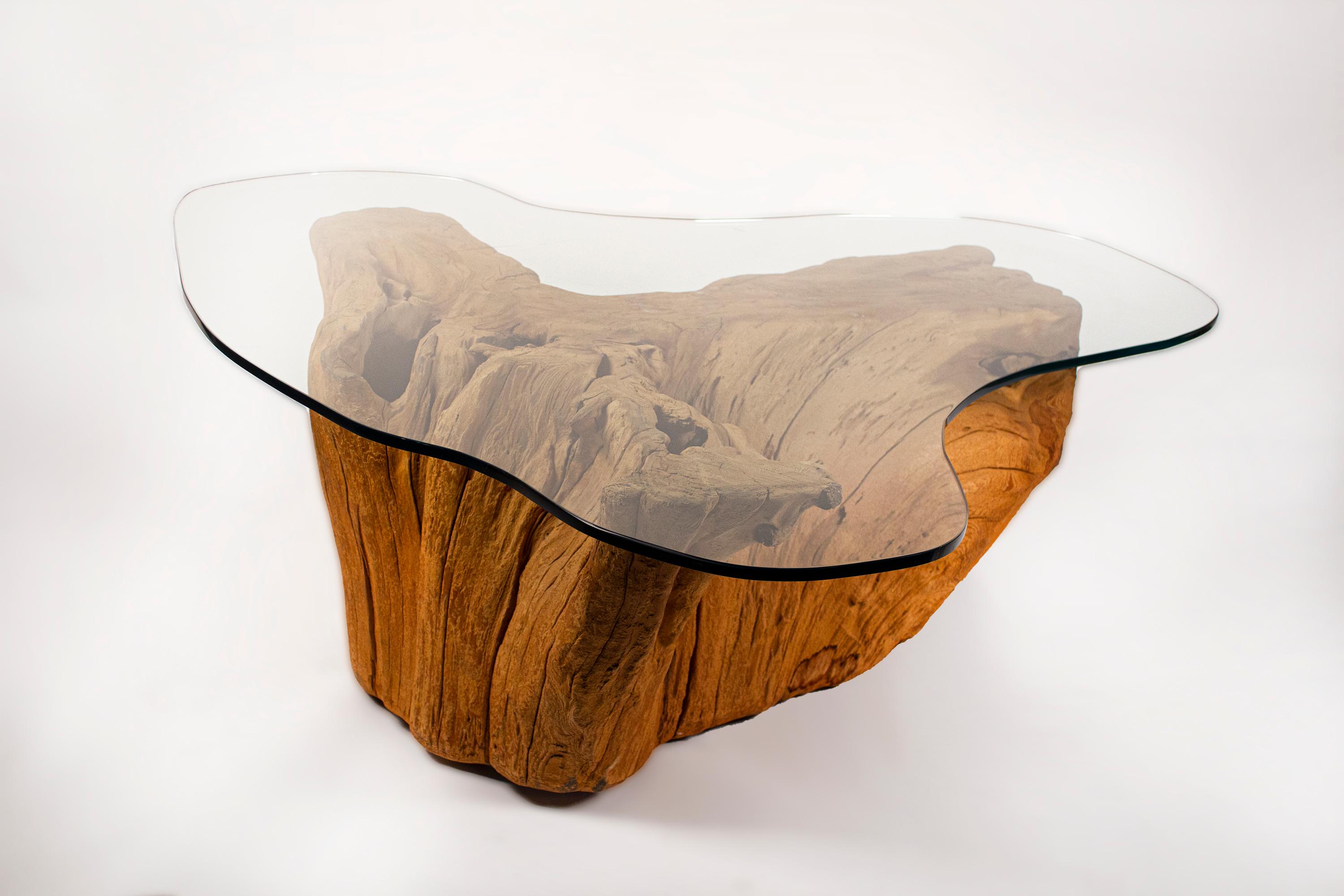 California Mid-Century Modern designer tree trunk coffee table made in the 1970s from an ancient cypress tree trunk. Retains the original irregular cloud-shaped glass top.

 The wood has been sandblasted to expose the striations in the graining.