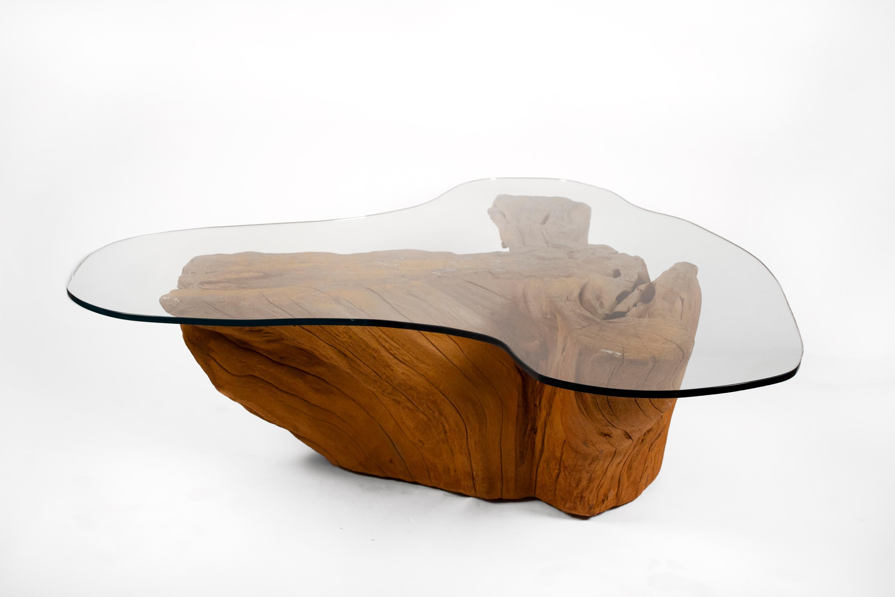 Modern Cypress Tree Trunk Coffee Table 1970s Sandblasted Organic Freeform Design In Good Condition In Dallas, TX
