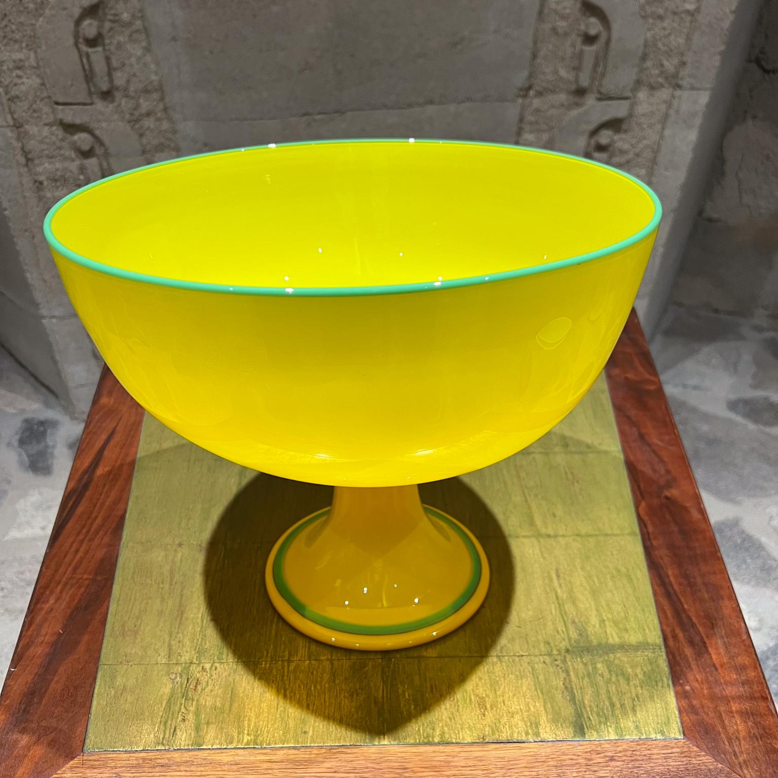 Art Deco Modern Czech Art Tango Glass Yellow & Green Pedestal Art Bowl For Sale