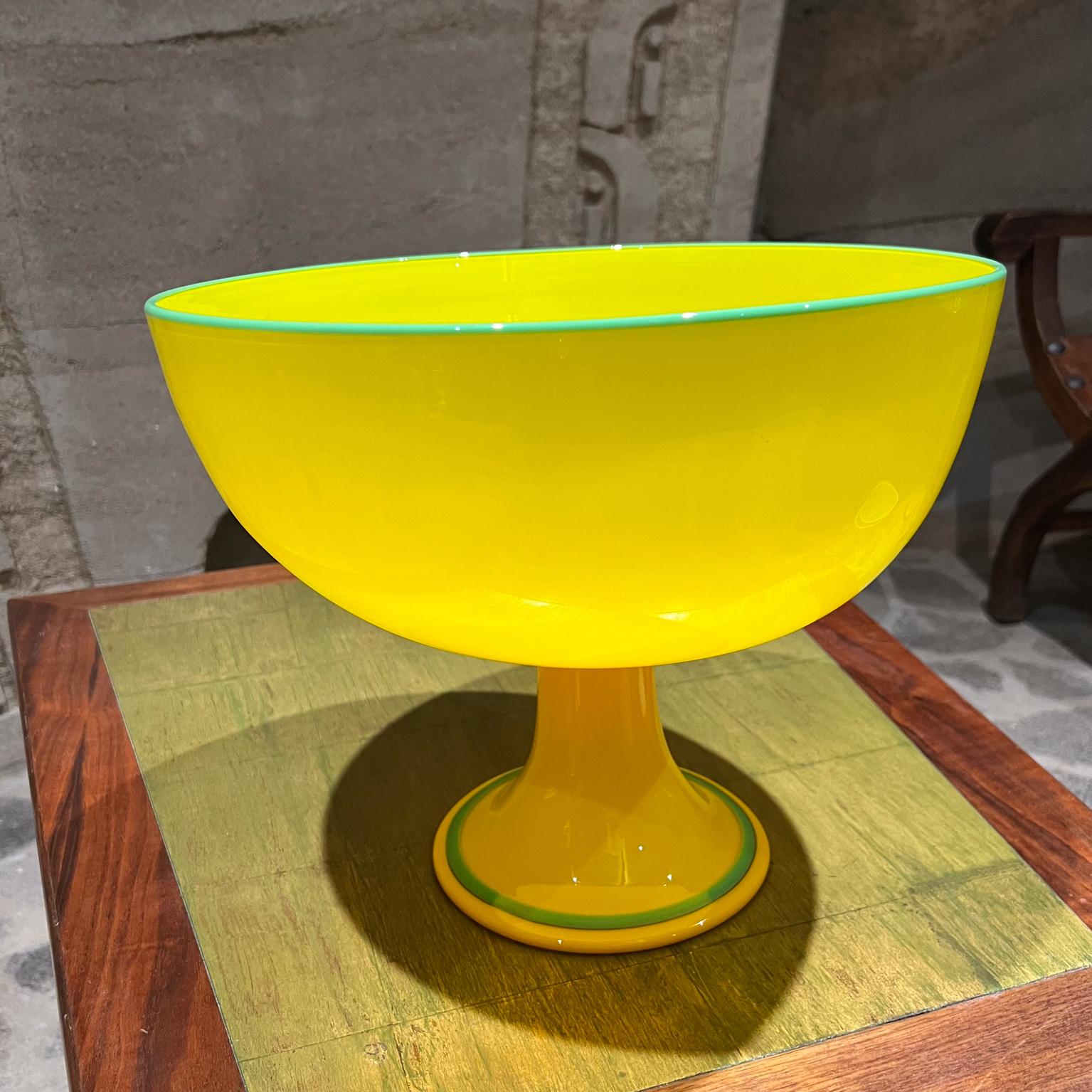 Modern Czech Art Tango Glass Yellow & Green Pedestal Art Bowl For Sale 2