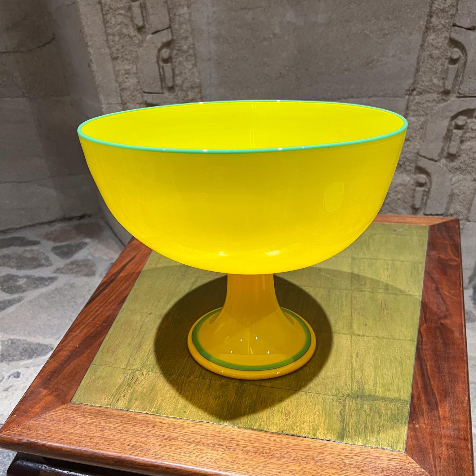 Modern Czech Art Tango Glass Yellow & Green Pedestal Art Bowl For Sale 3