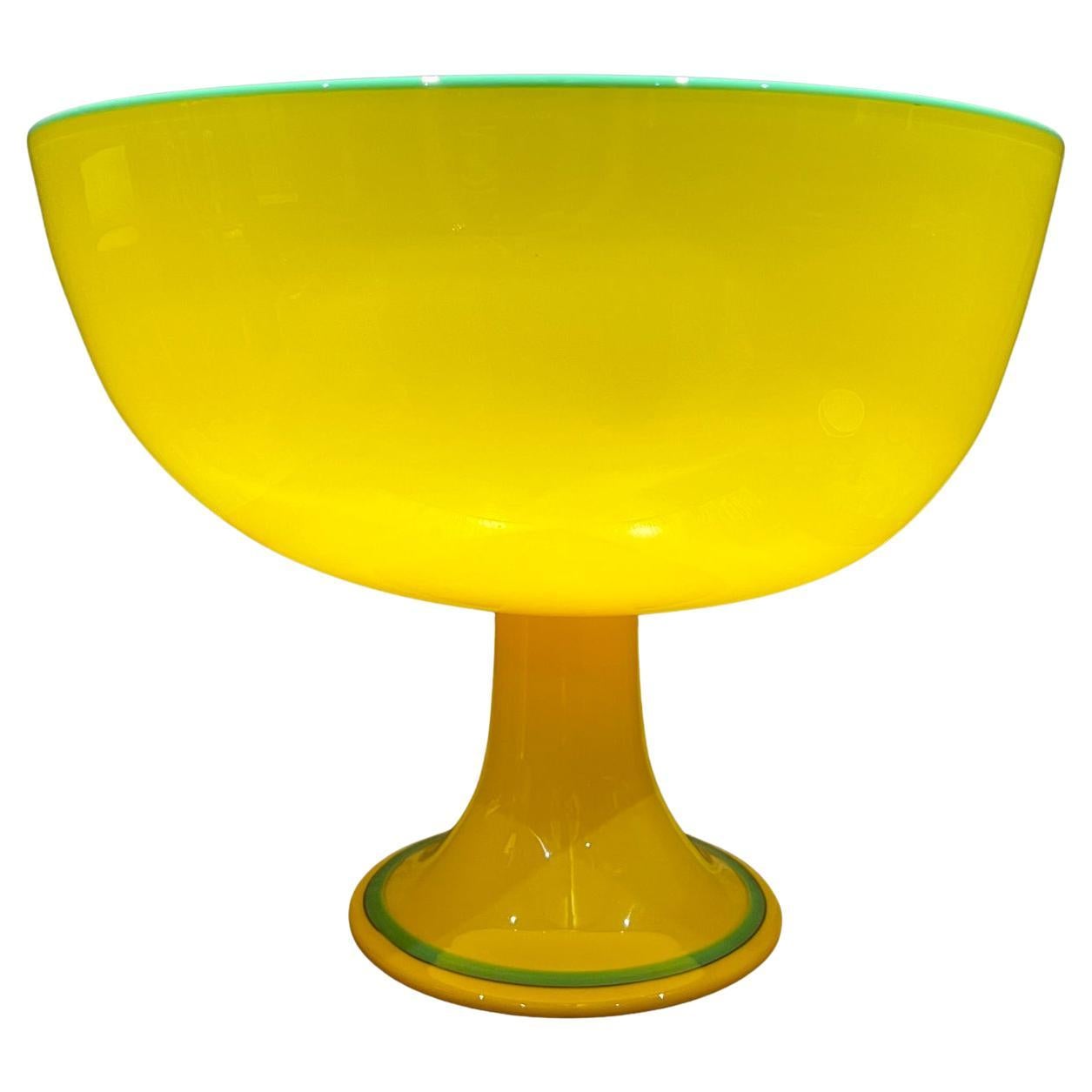 Modern Czech Art Tango Glass Yellow & Green Pedestal Art Bowl For Sale