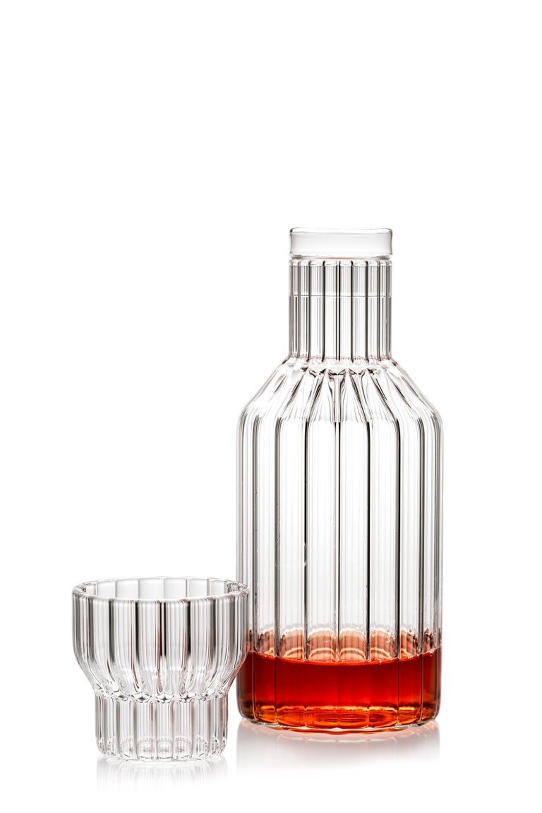 Hand-Crafted Modern Czech Clear Contemporary Fluted Glass Boyd Decanter with Top, in Stock For Sale