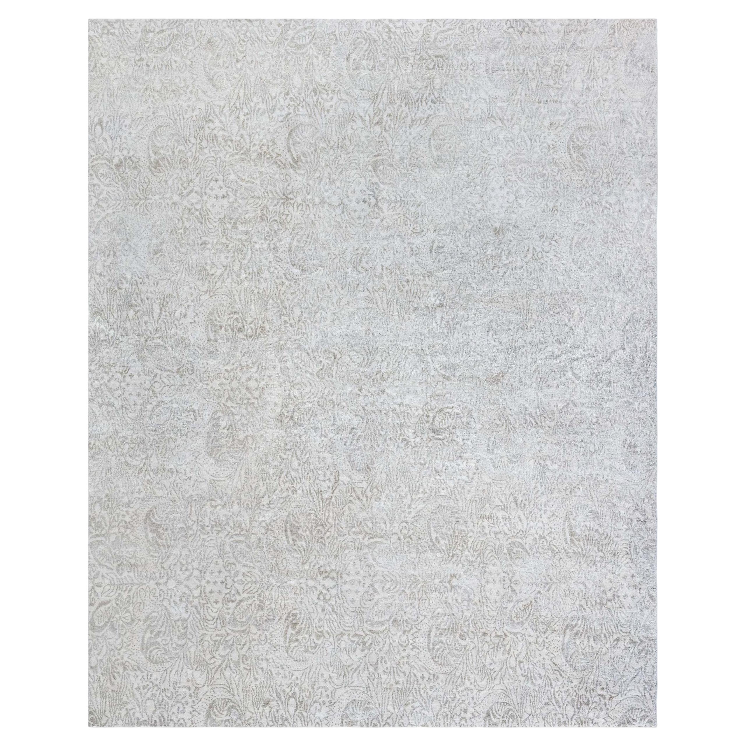 Modern Damask Light Gray With Taupe Silk Rug "Silhouette" by Doris Leslie Blau For Sale