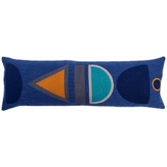 Modern Dana Lumbar Hand Embroidered Blue Wool Throw Pillow Cover