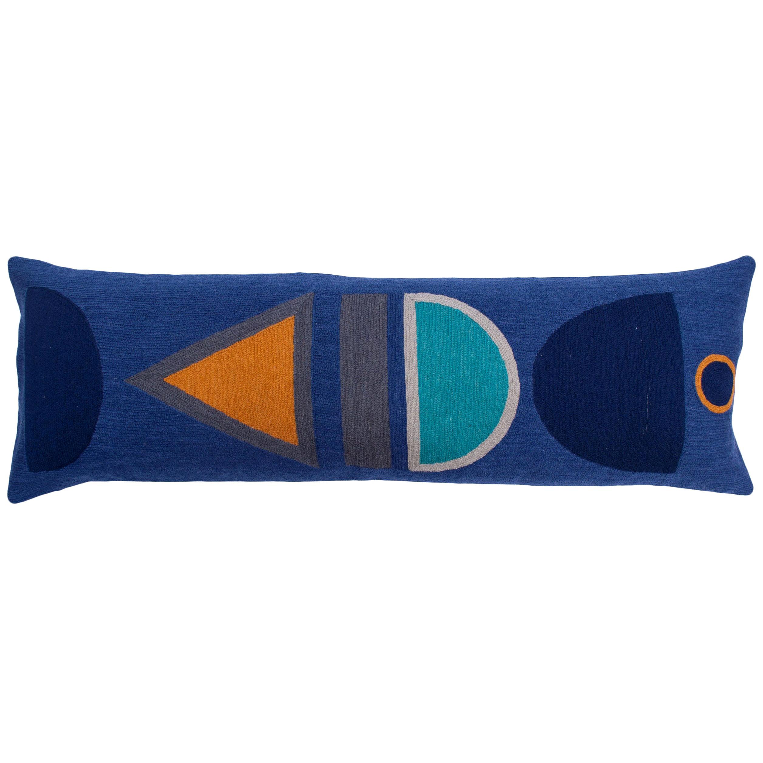 Modern Dana Lumbar Hand Embroidered Blue Wool Throw Pillow Cover