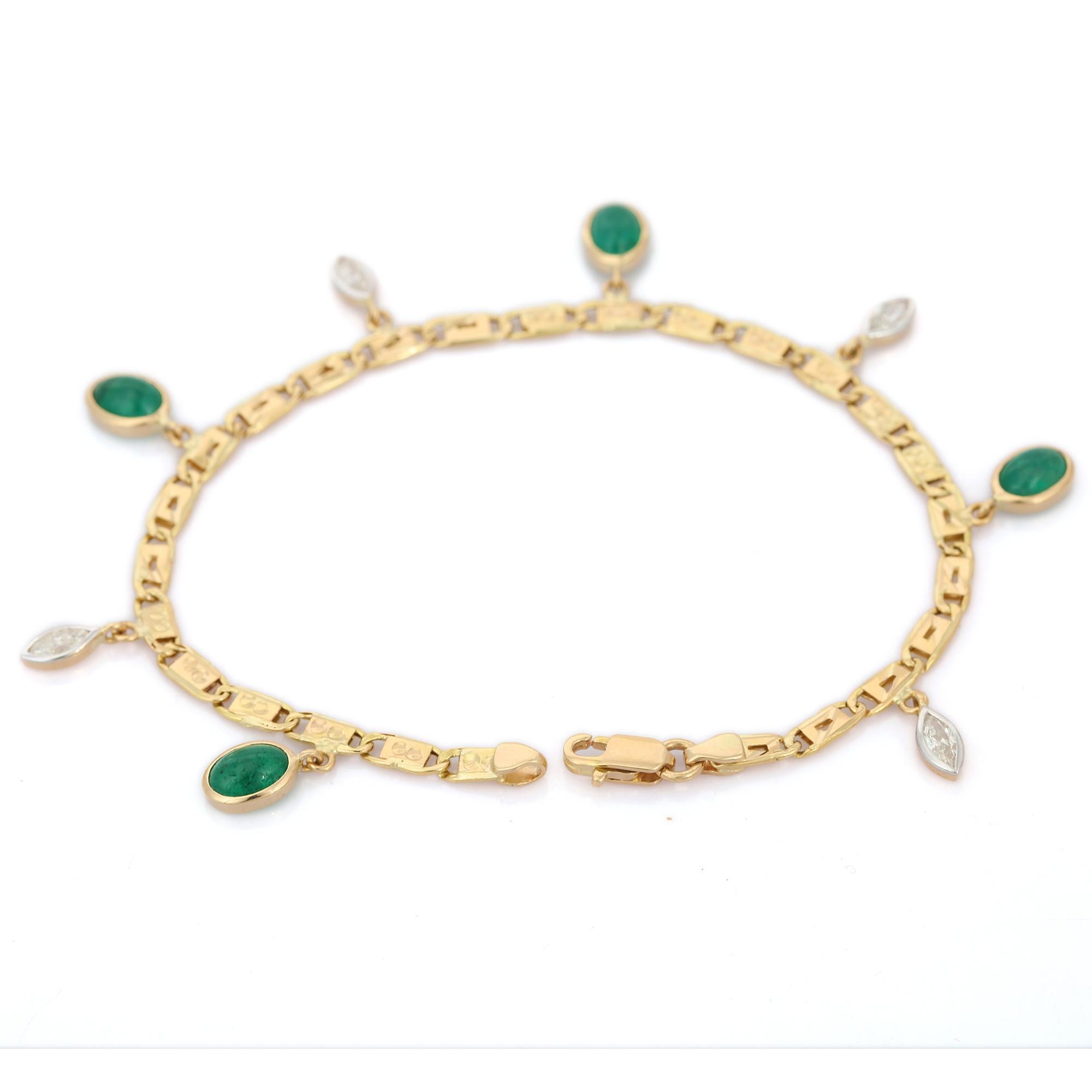Contemporary Modern Dangling Emerald Diamond Charm Chain Bracelet in 18K Yellow Gold For Sale