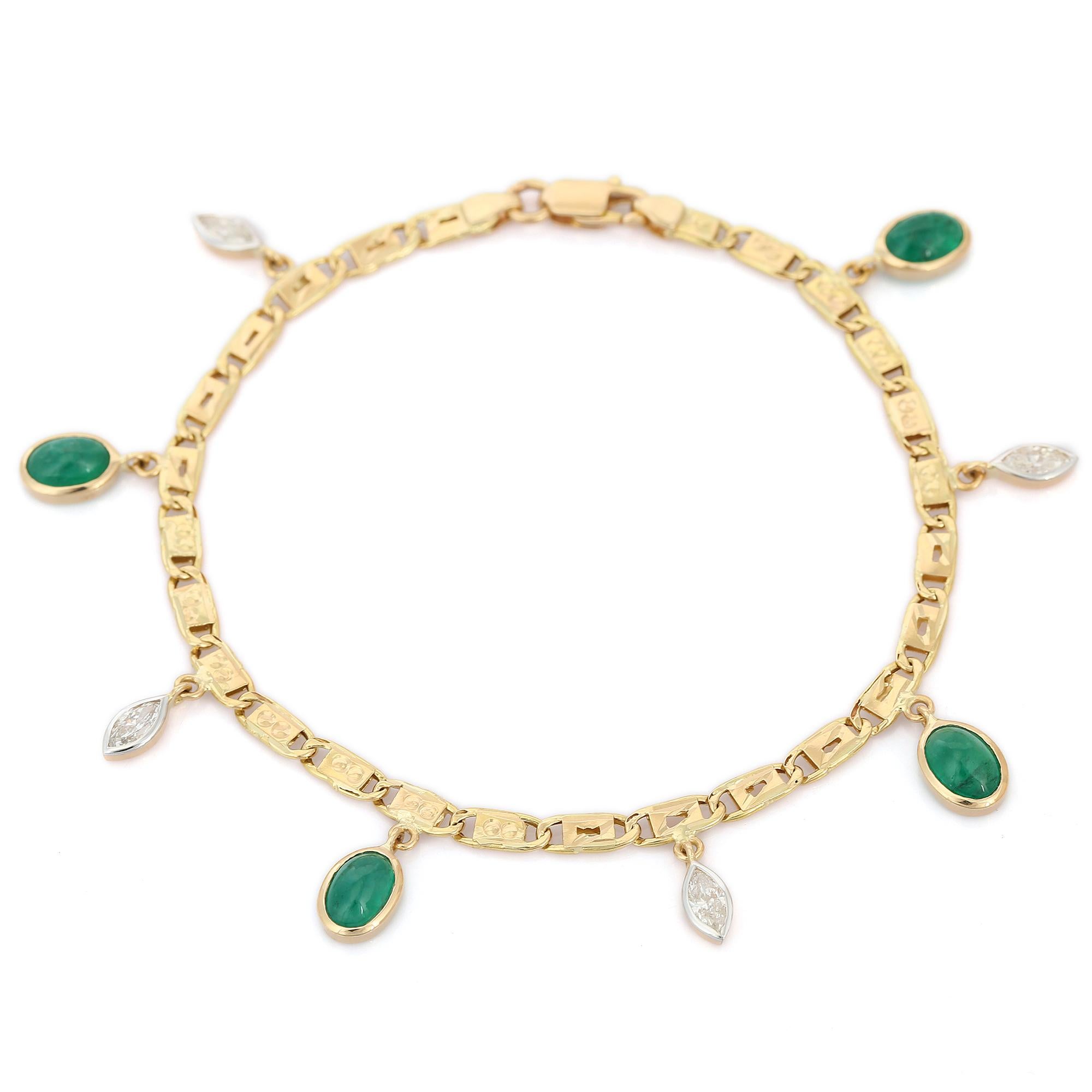 Modern Dangling Emerald Diamond Charm Chain Bracelet in 18K Yellow Gold For Sale 2