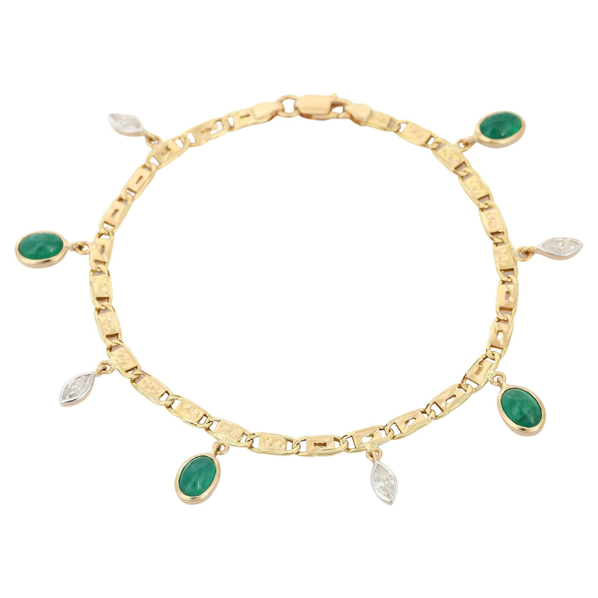 Modern Dangling Emerald Diamond Charm Chain Bracelet in 18K Yellow Gold For Sale