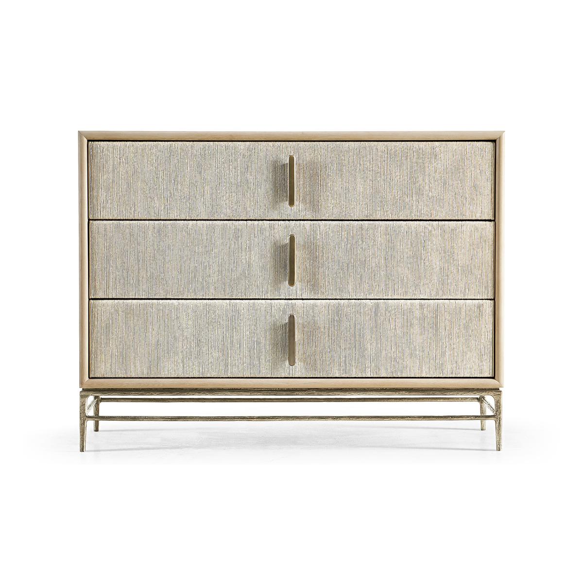 Modern Danish Chest of drawers, the stylish design, replete with three Danish cord-wrapped drawer fronts and bleached oak veneers adds style to the classic tone and feel of contemporary vision without shortcuts.

Cast stainless steel base and