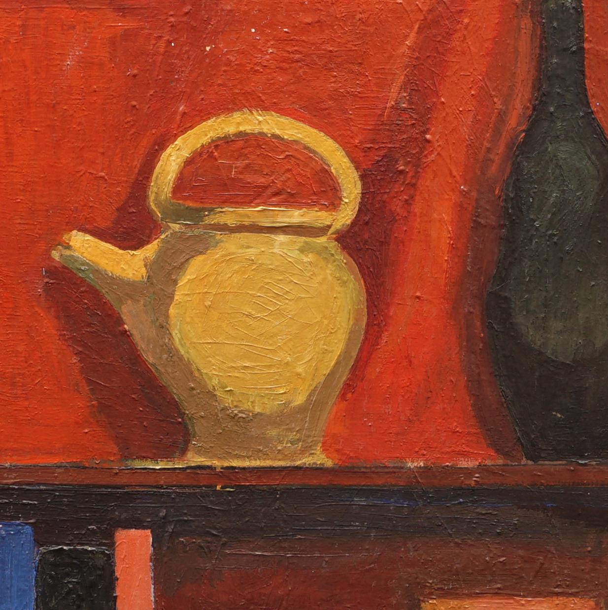 Hermann Stilling, 1925-96, oil on wood.
Composition with vase, jugs, sculpture, books etc.
Signed circa 1960

Hermann Stilling was educated from the Royal Danish Academy 1945-51
Today he is represented at Danish museums and the 