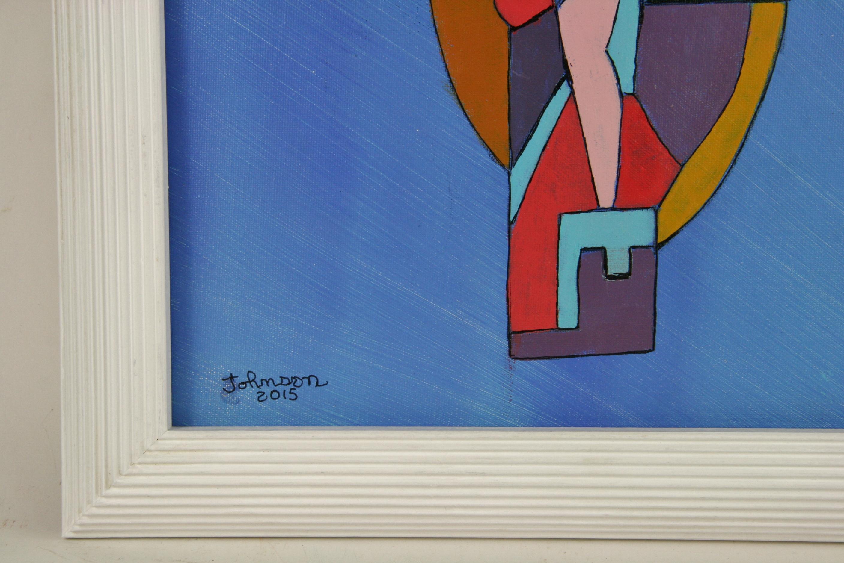 Modern Danish Cubic Figural Acrylic Painting by Johnson 2015 In Good Condition For Sale In Douglas Manor, NY