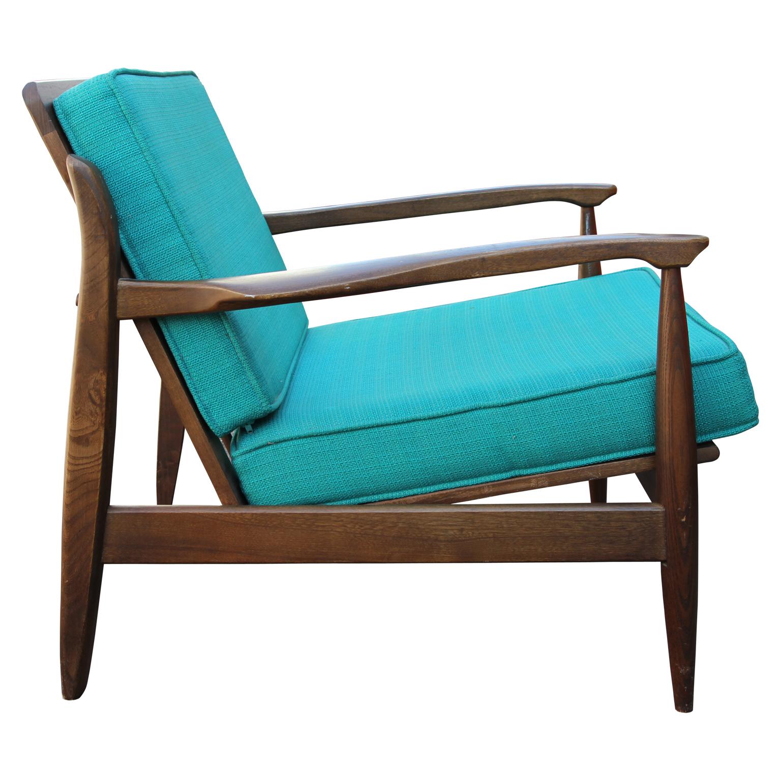 American Modern Danish Style Blue Cushioned Teak Lounge Chair