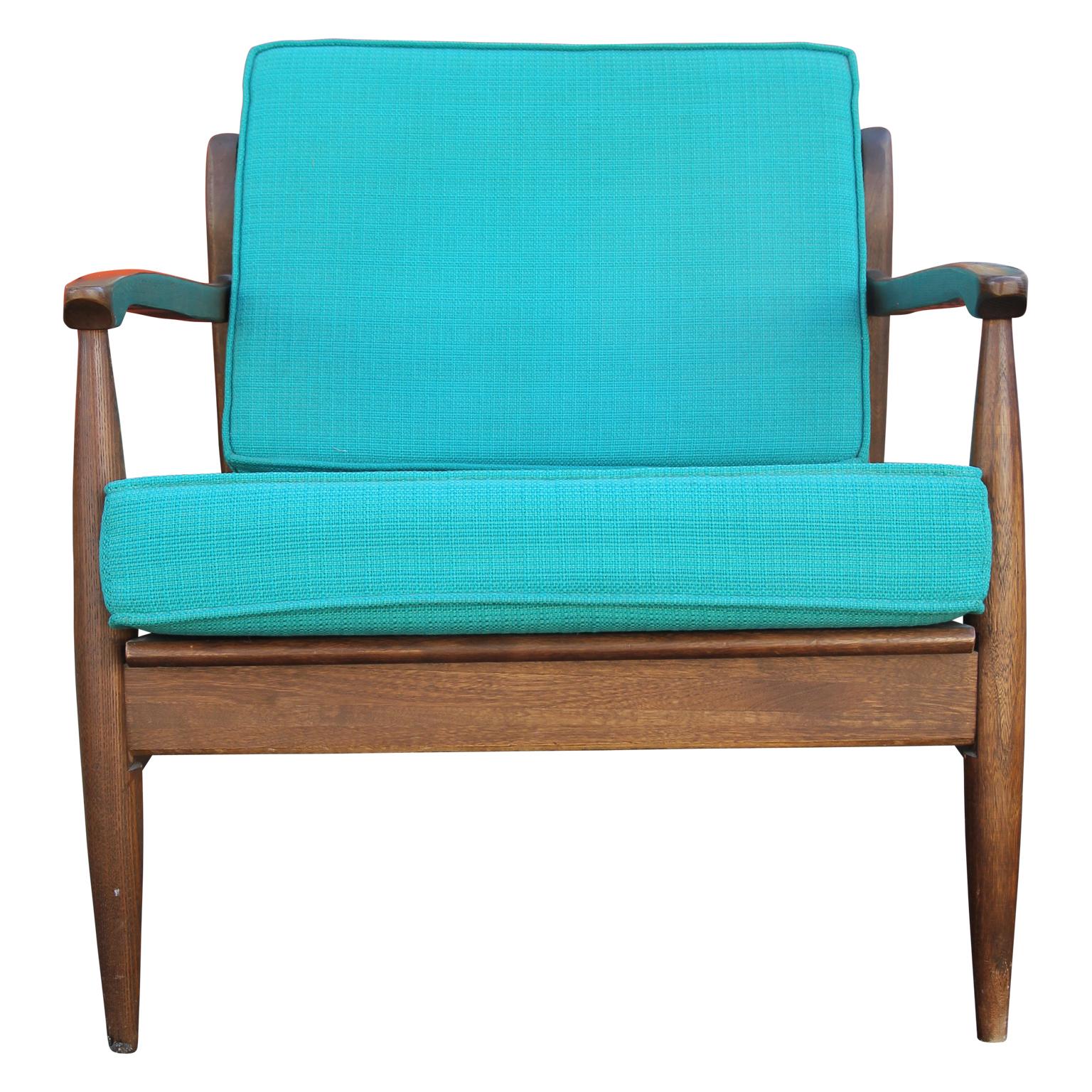 Modern Danish Style Blue Cushioned Teak Lounge Chair In Good Condition In Houston, TX