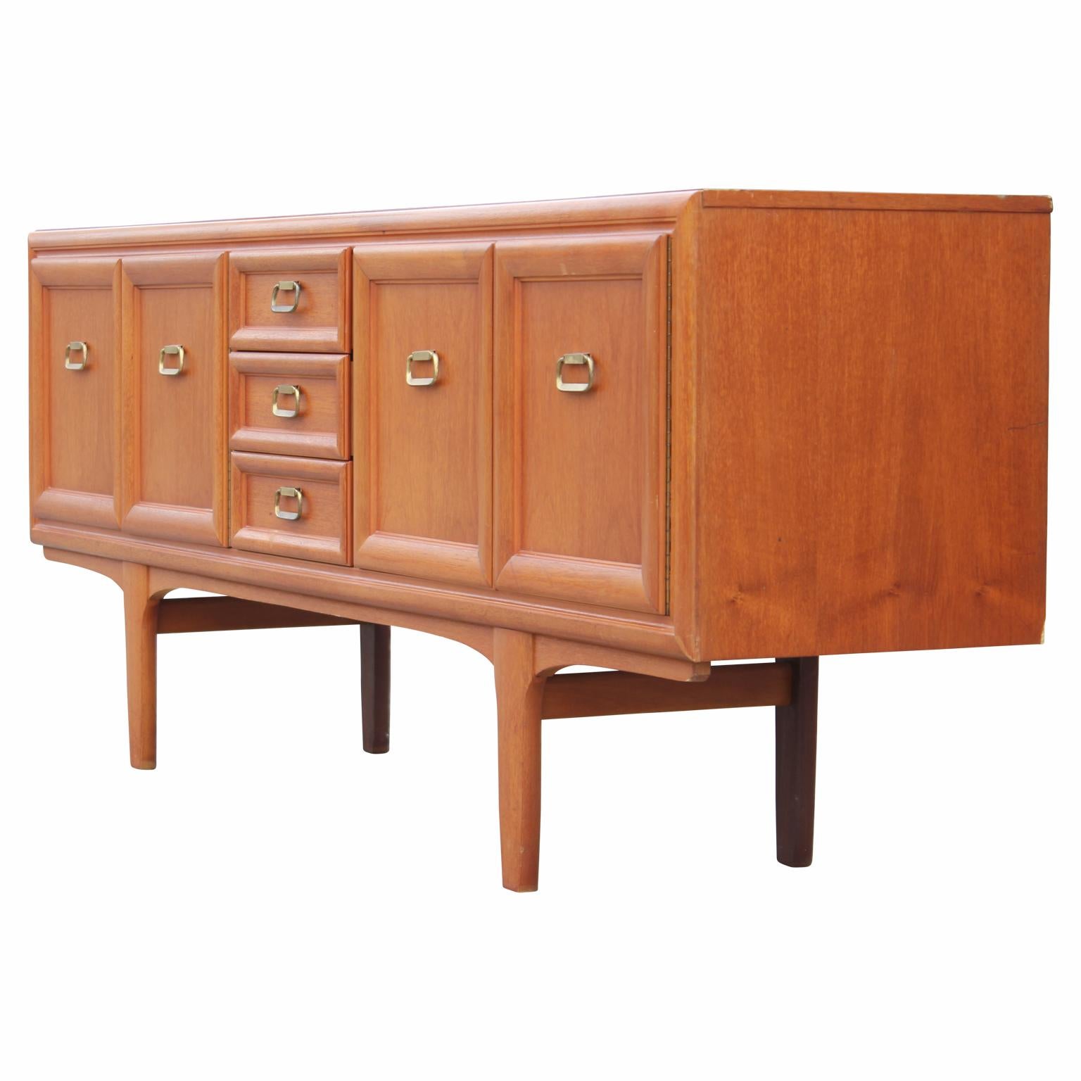 Modern Danish Style Teak Sideboard or Credenza with Brass Ring Handles In Good Condition In Houston, TX