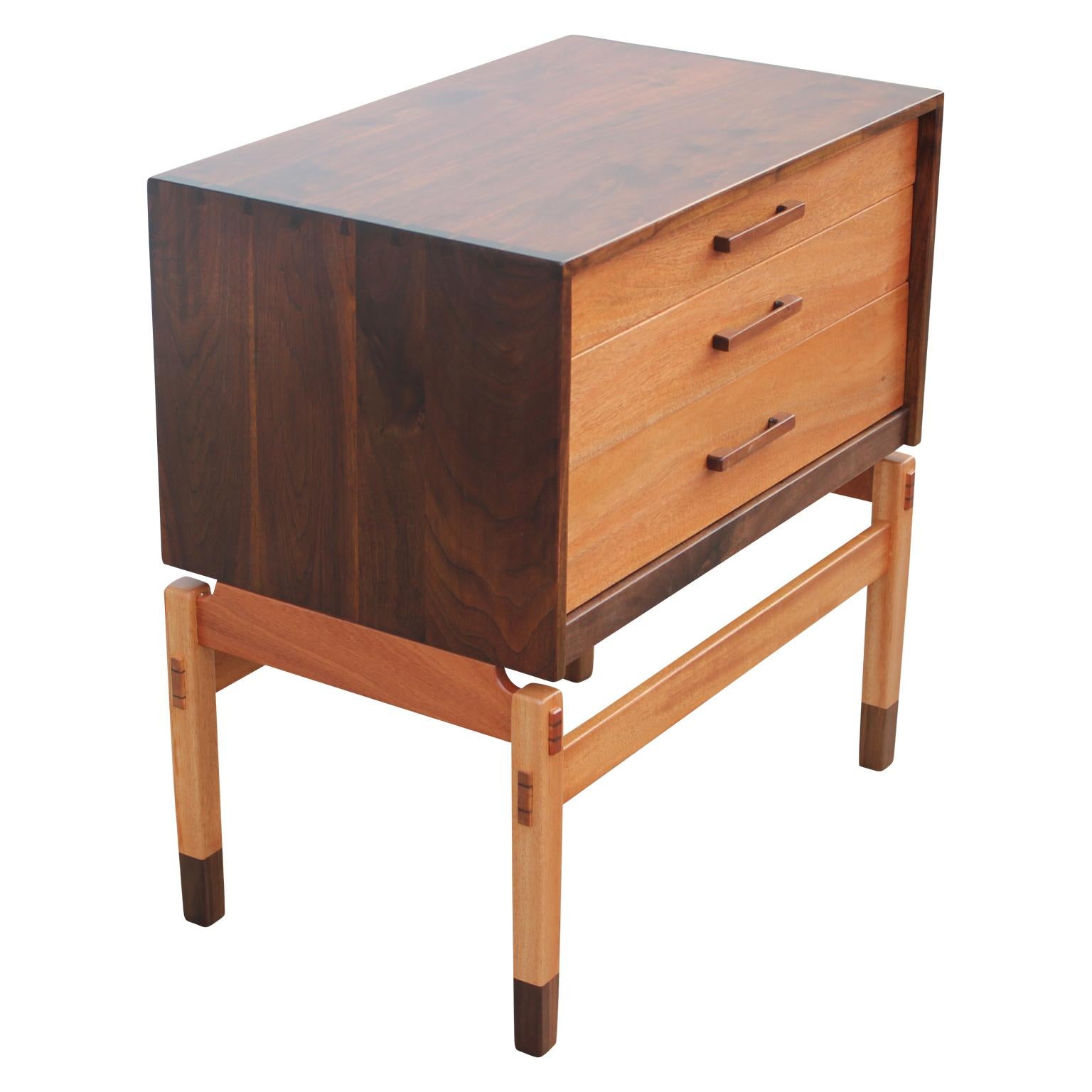 American Modern Danish Style Two Tone Walnut Nightstand / Small Chest by Norm Stoeker